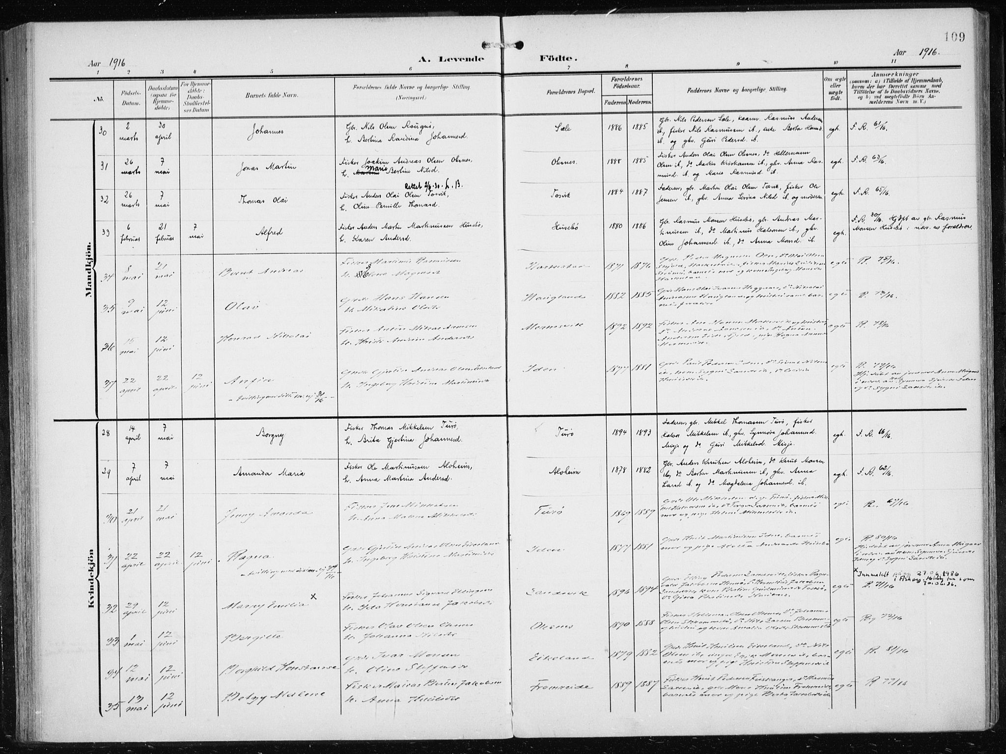 Herdla Sokneprestembete, AV/SAB-A-75701/H/Haa: Parish register (official) no. A 5, 1905-1918, p. 109