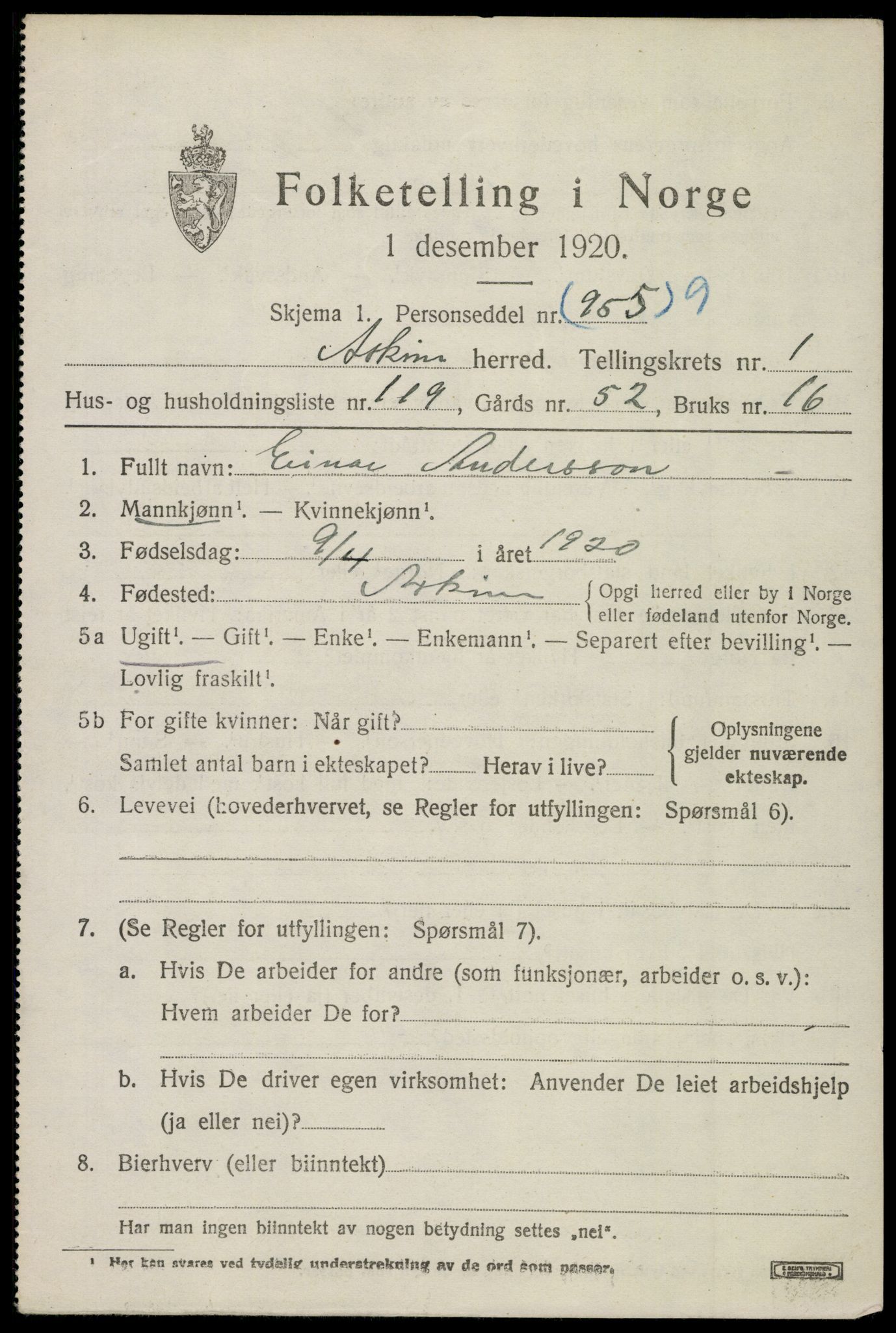 SAO, 1920 census for Askim, 1920, p. 3356