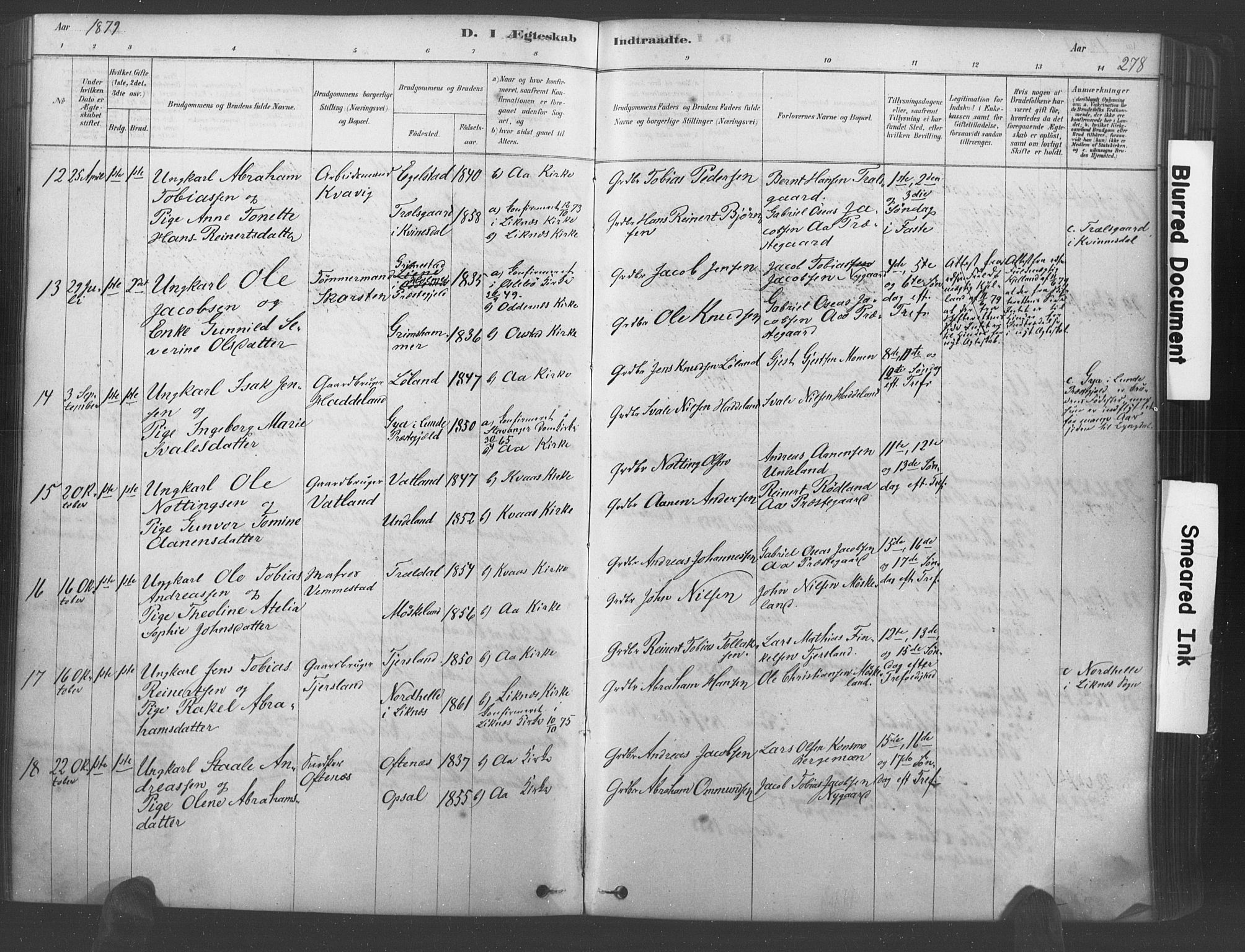 Lyngdal sokneprestkontor, AV/SAK-1111-0029/F/Fa/Fac/L0011: Parish register (official) no. A 11, 1878-1893, p. 278