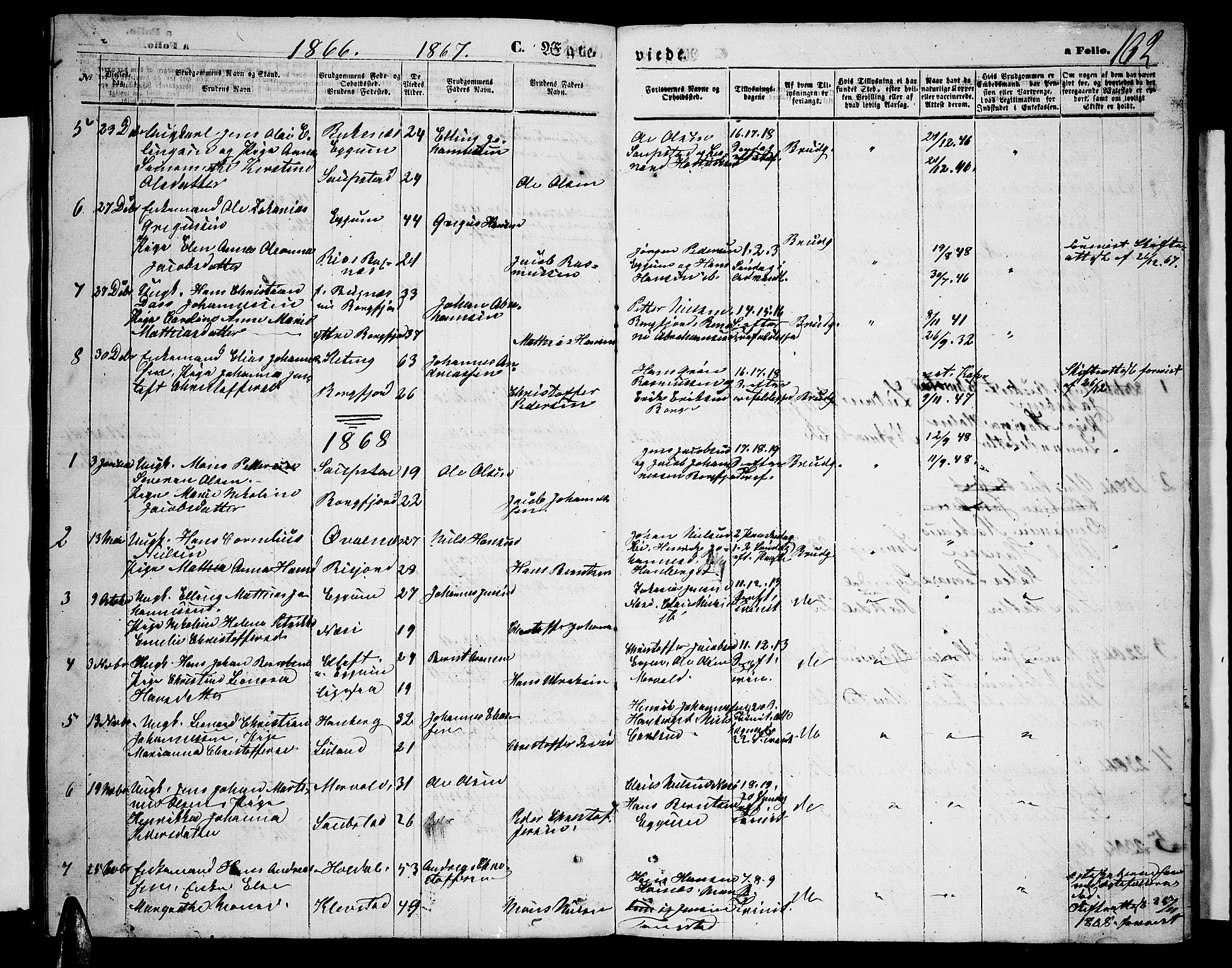 Ministerialprotokoller, klokkerbøker og fødselsregistre - Nordland, SAT/A-1459/880/L1140: Parish register (copy) no. 880C02, 1861-1875, p. 162