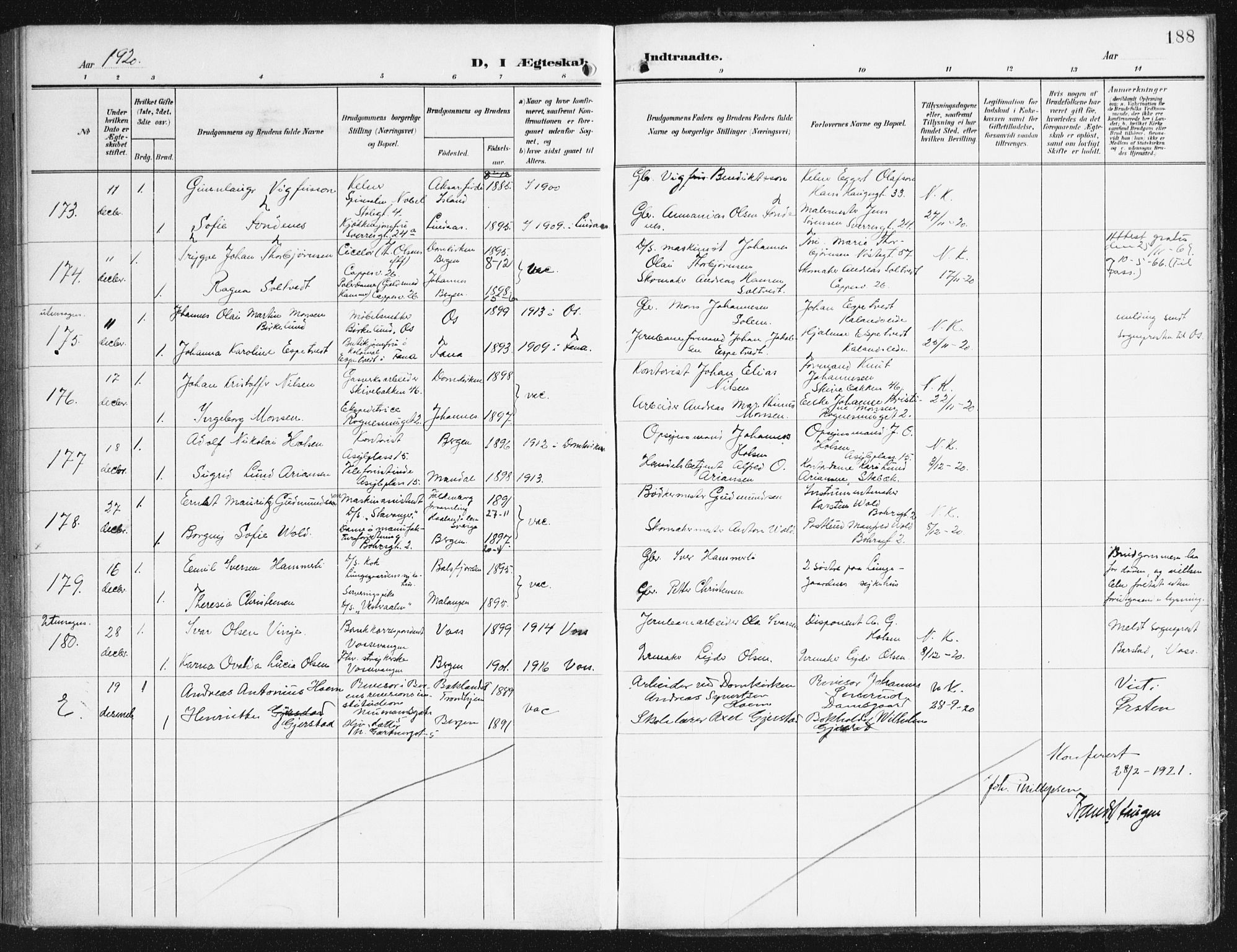 Domkirken sokneprestembete, AV/SAB-A-74801/H/Haa/L0038: Parish register (official) no. D 5, 1906-1921, p. 188