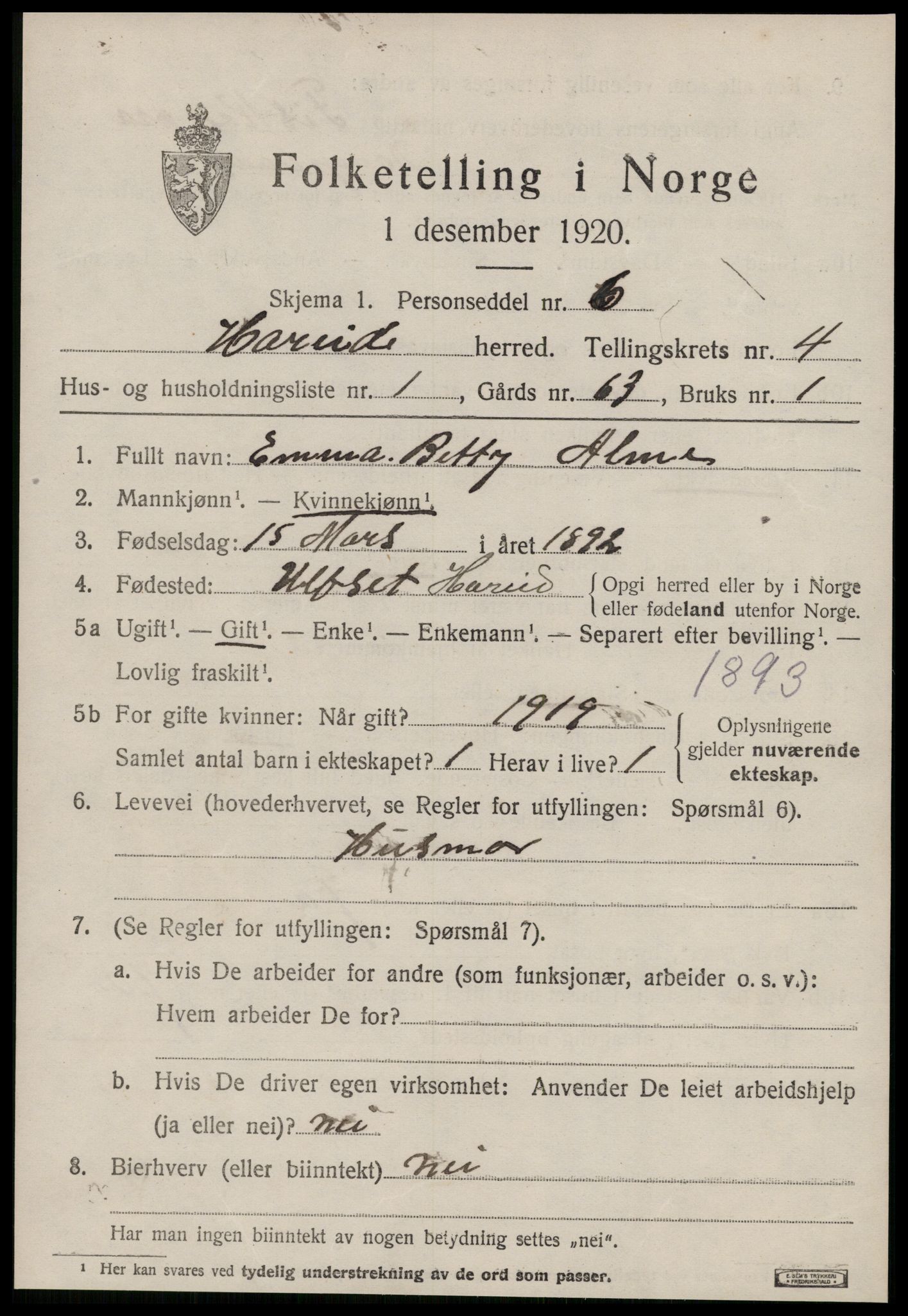 SAT, 1920 census for Hareid, 1920, p. 1697