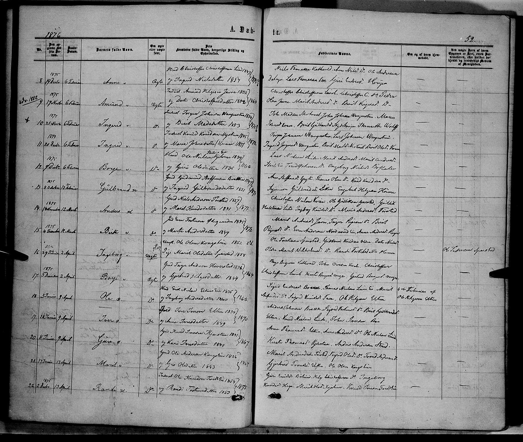 Vang prestekontor, Valdres, SAH/PREST-140/H/Ha/L0007: Parish register (official) no. 7, 1865-1881, p. 52