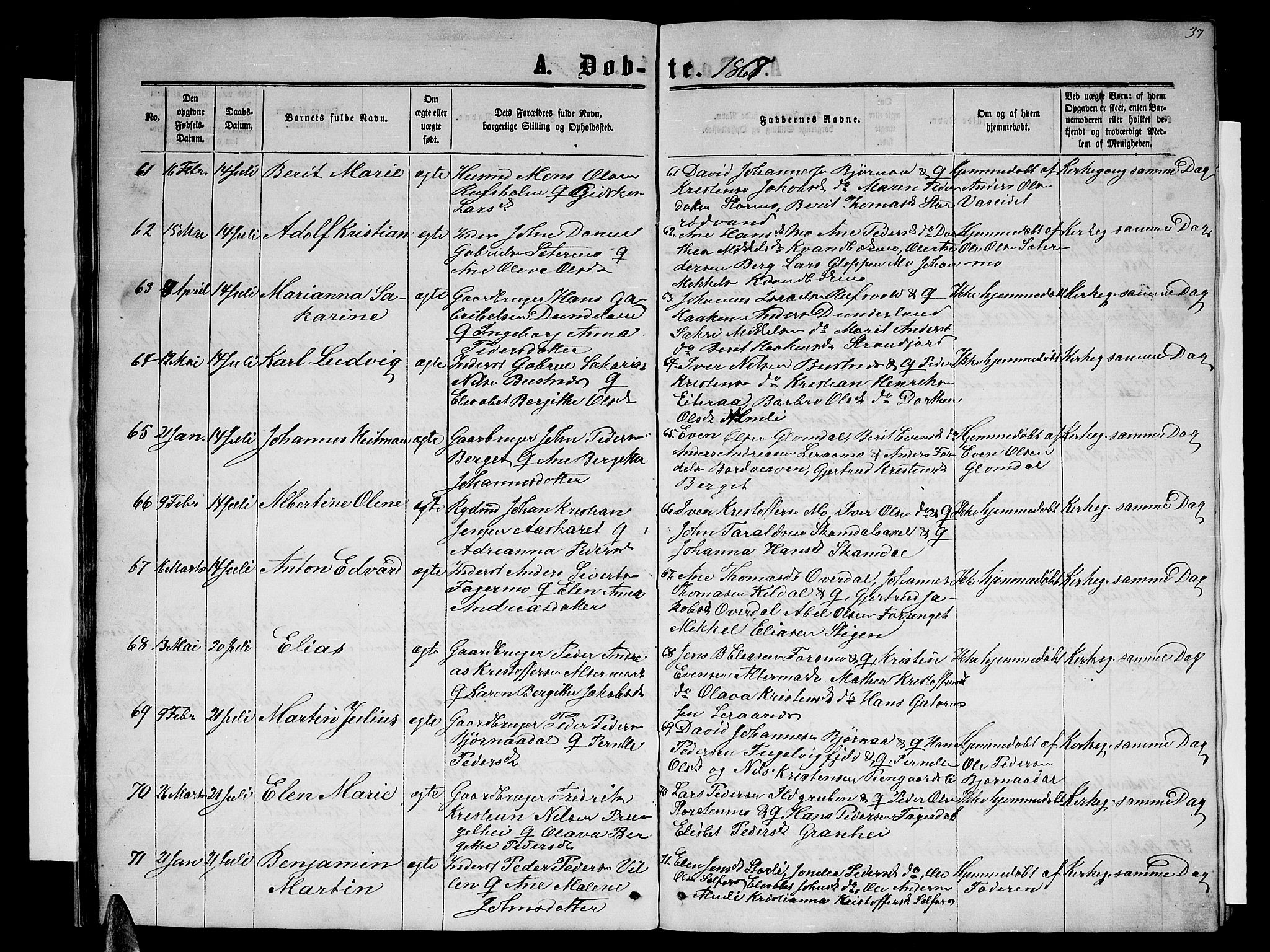 Ministerialprotokoller, klokkerbøker og fødselsregistre - Nordland, SAT/A-1459/827/L0415: Parish register (copy) no. 827C04, 1864-1886, p. 37