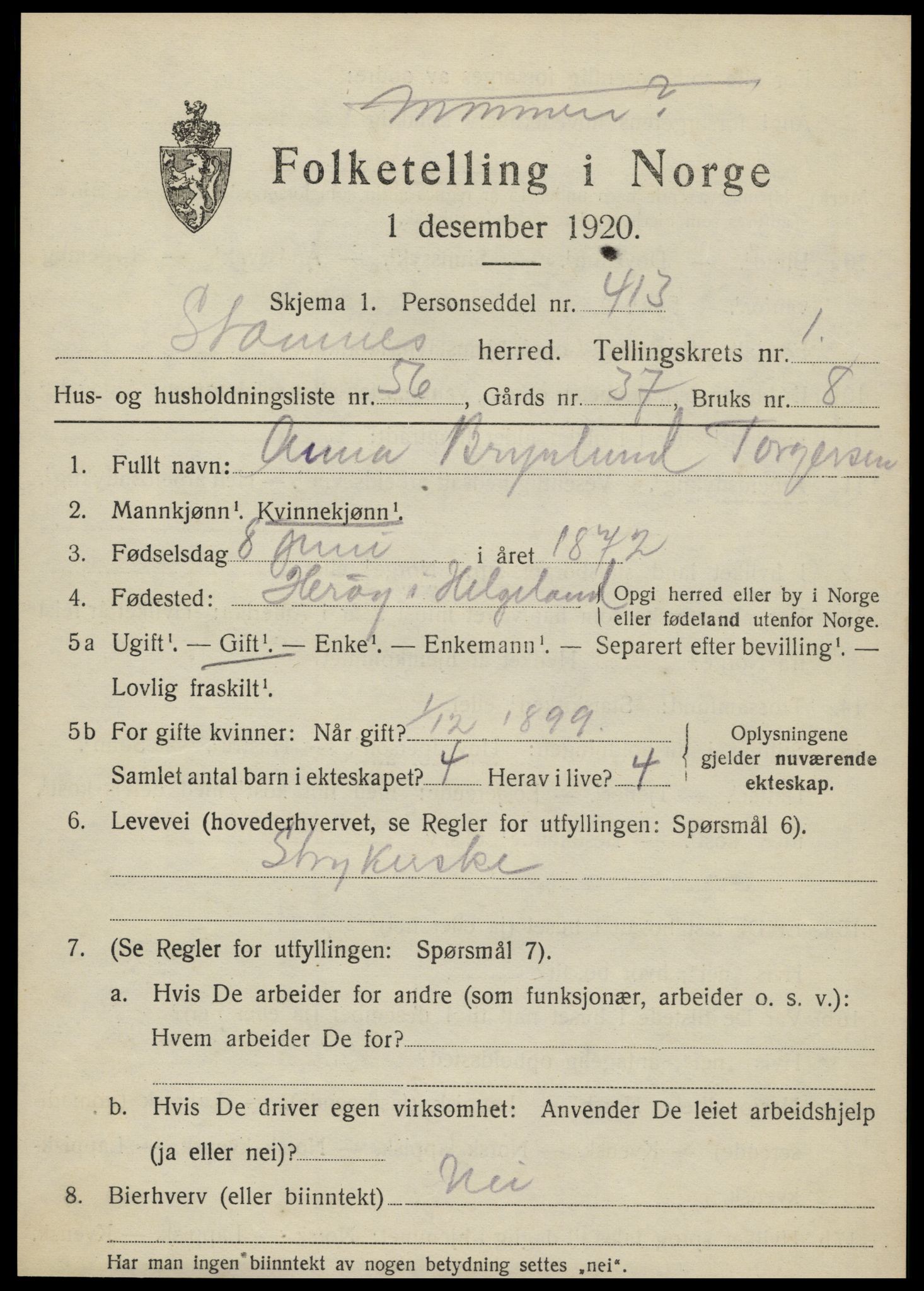 SAT, 1920 census for Stamnes, 1920, p. 1392