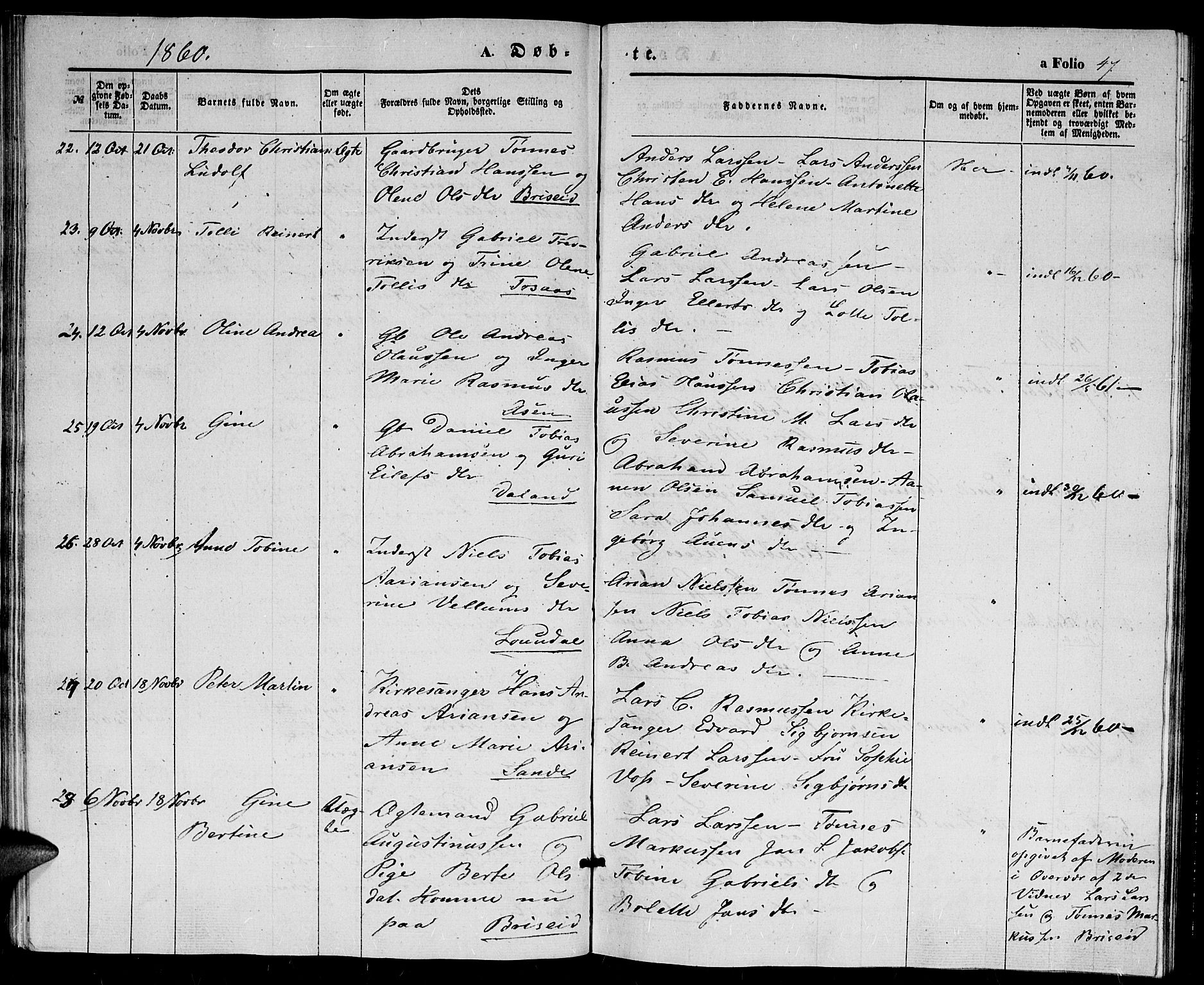 Herad sokneprestkontor, SAK/1111-0018/F/Fb/Fba/L0002: Parish register (copy) no. B 2, 1852-1862, p. 47