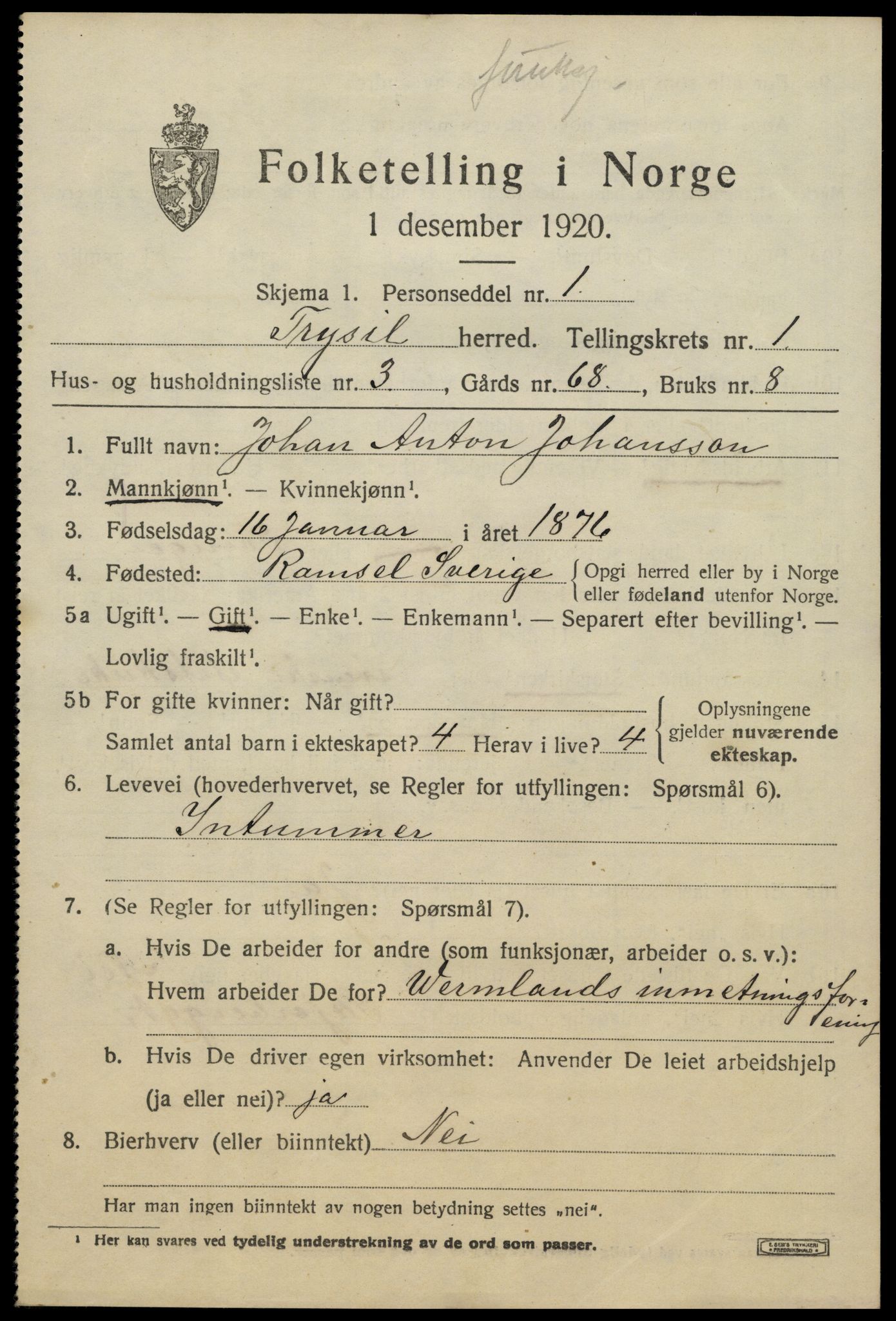 SAH, 1920 census for Trysil, 1920, p. 2557