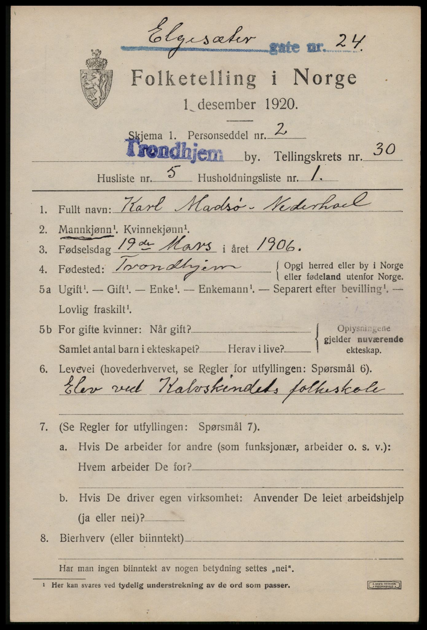 SAT, 1920 census for Trondheim, 1920, p. 73730