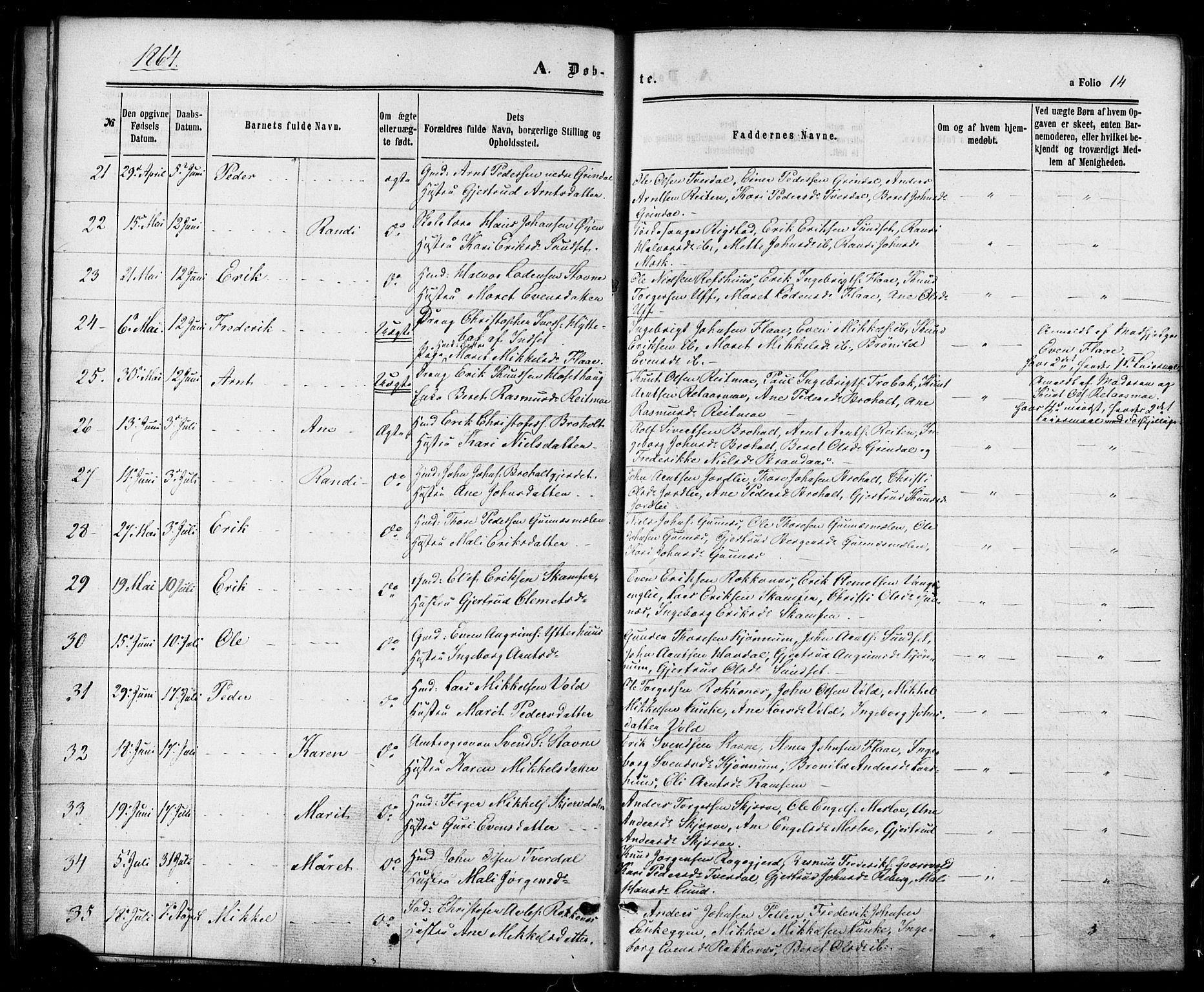 Ministerialprotokoller, klokkerbøker og fødselsregistre - Sør-Trøndelag, SAT/A-1456/674/L0870: Parish register (official) no. 674A02, 1861-1879, p. 14