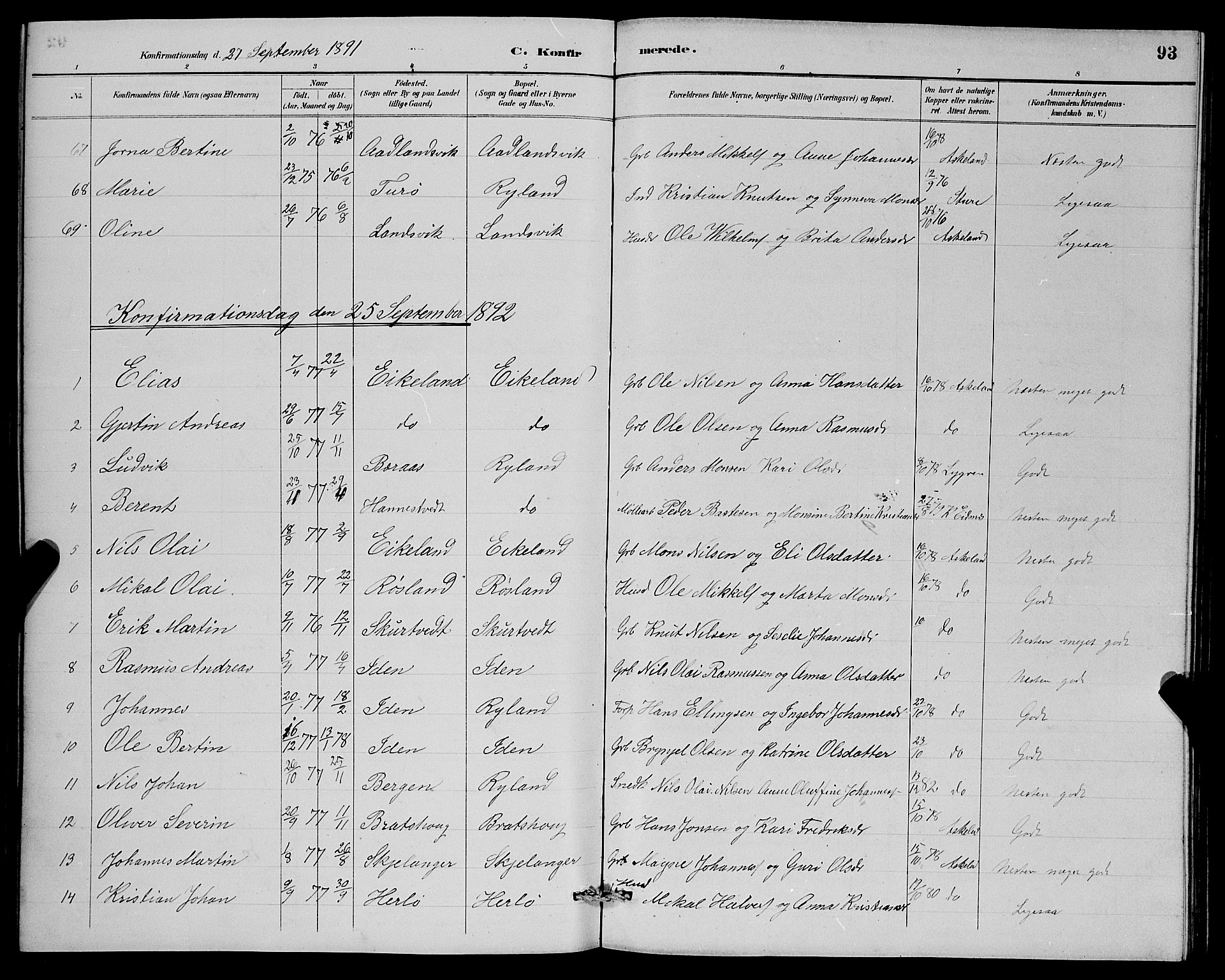 Herdla Sokneprestembete, SAB/A-75701/H/Hab: Parish register (copy) no. A 3, 1889-1899, p. 93