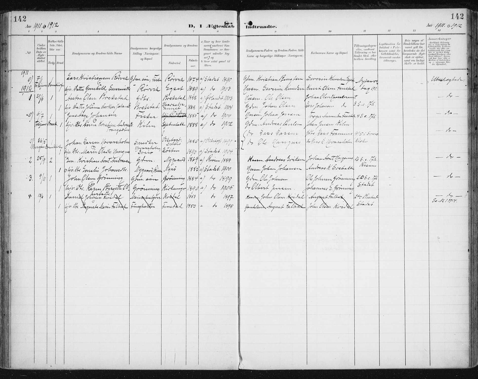 Ministerialprotokoller, klokkerbøker og fødselsregistre - Sør-Trøndelag, SAT/A-1456/646/L0616: Parish register (official) no. 646A14, 1900-1918, p. 142