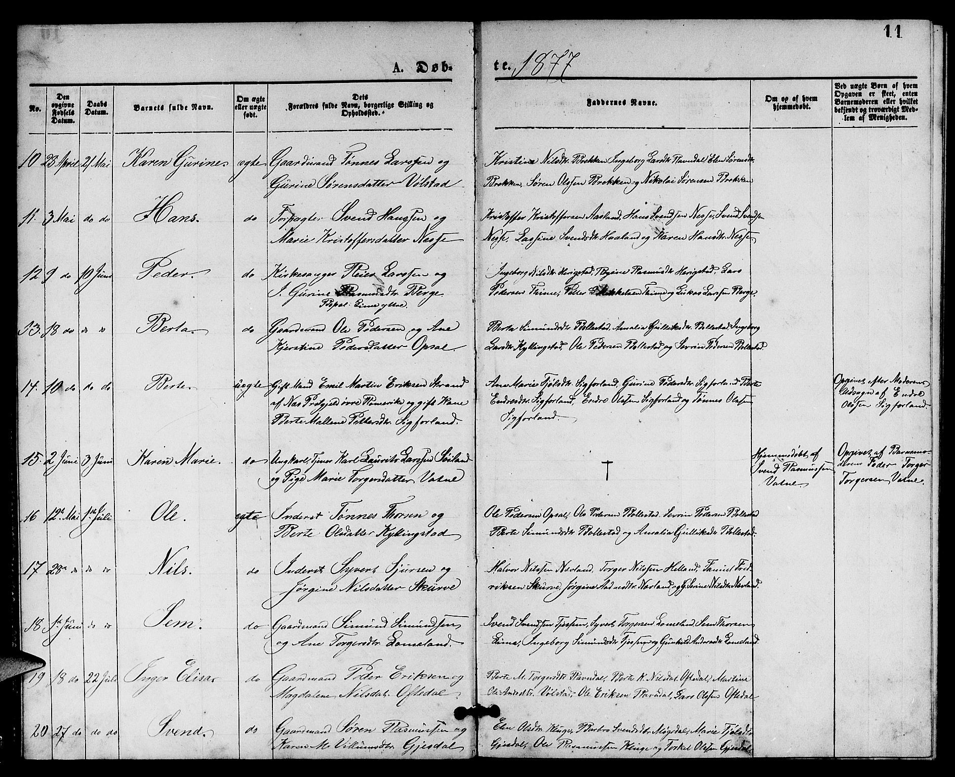 Lye sokneprestkontor, AV/SAST-A-101794/001/30BB/L0005: Parish register (copy) no. B 5, 1875-1886, p. 11