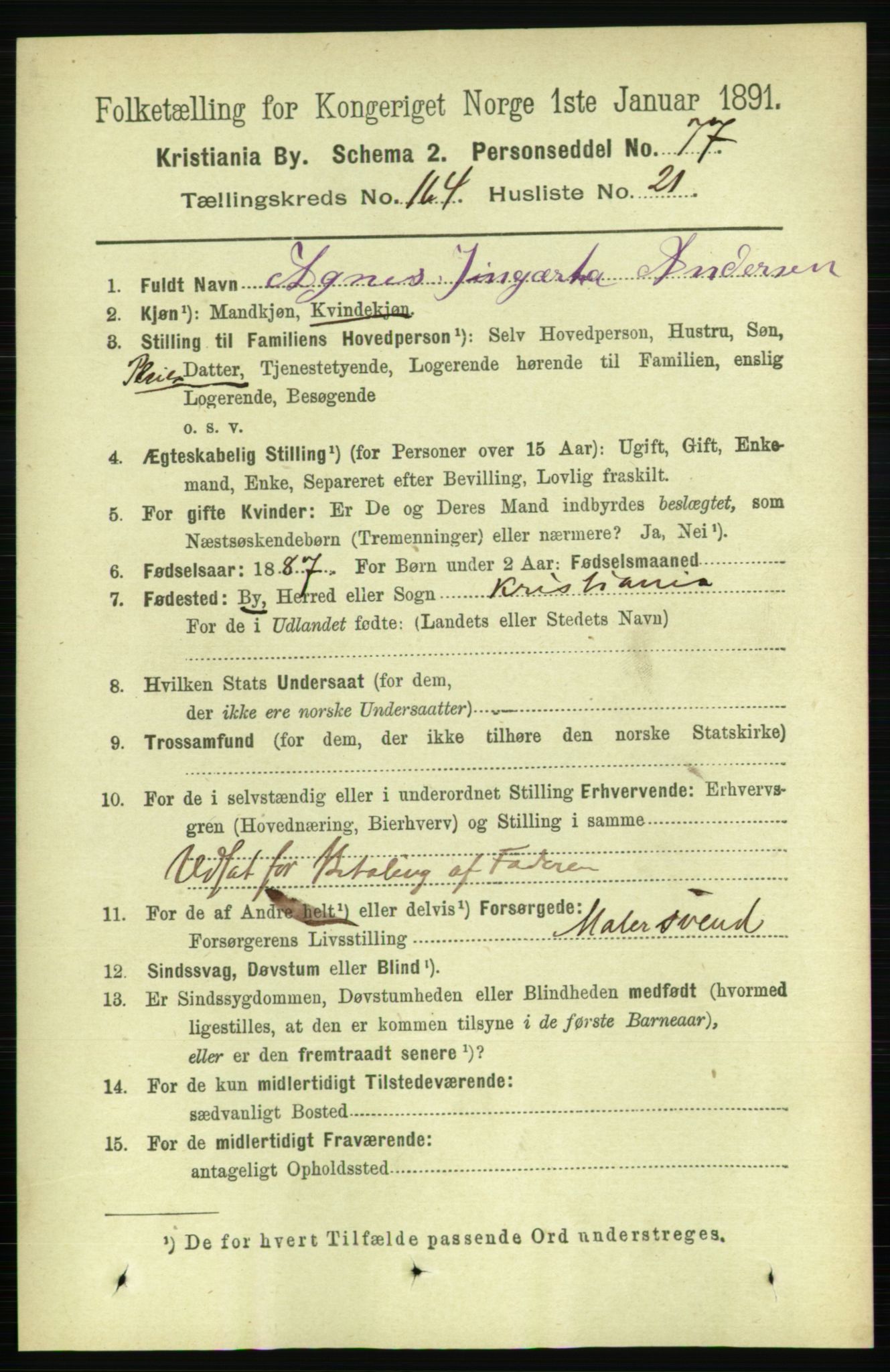 RA, 1891 census for 0301 Kristiania, 1891, p. 95012