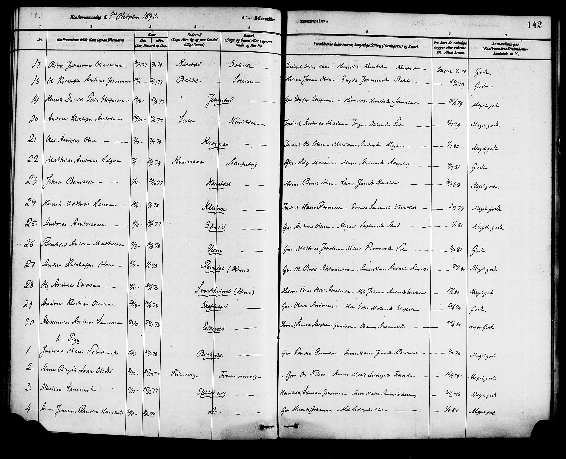 Førde sokneprestembete, SAB/A-79901/H/Haa/Haad/L0001: Parish register (official) no. D 1, 1881-1898, p. 142