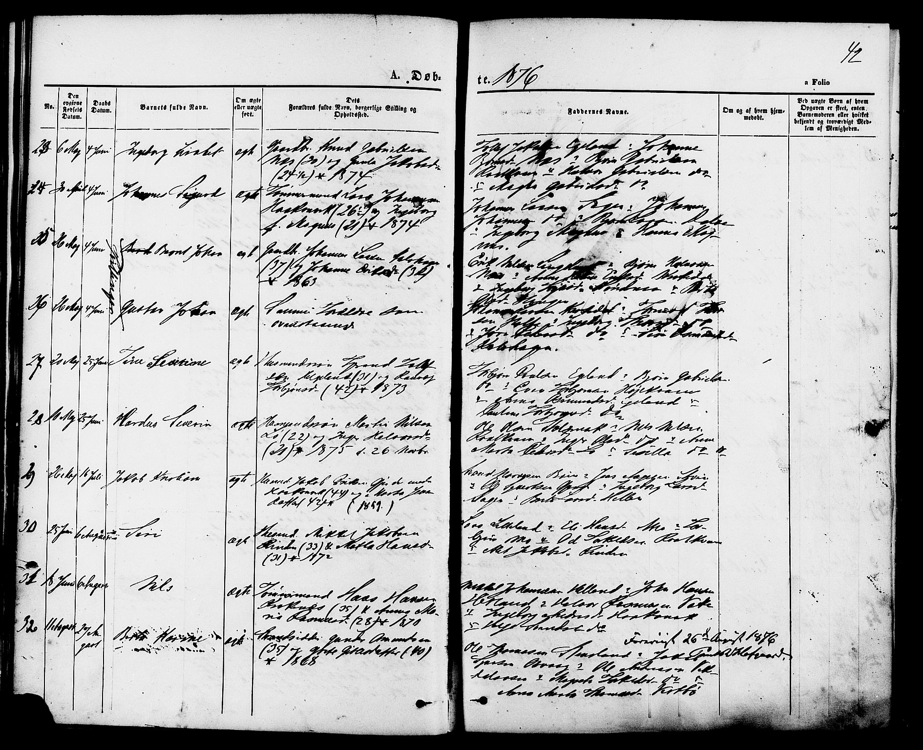 Vikedal sokneprestkontor, AV/SAST-A-101840/01/IV: Parish register (official) no. A 7, 1868-1883, p. 42