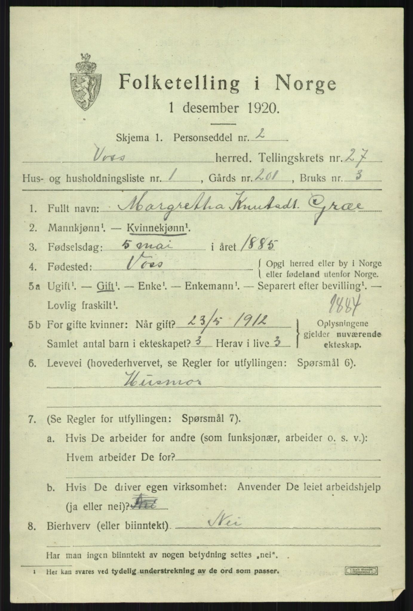 SAB, 1920 census for Voss, 1920, p. 18447