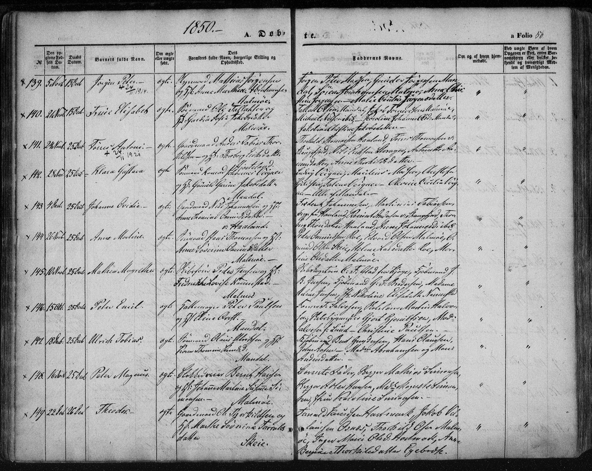 Mandal sokneprestkontor, SAK/1111-0030/F/Fa/Faa/L0013: Parish register (official) no. A 13, 1847-1859, p. 50