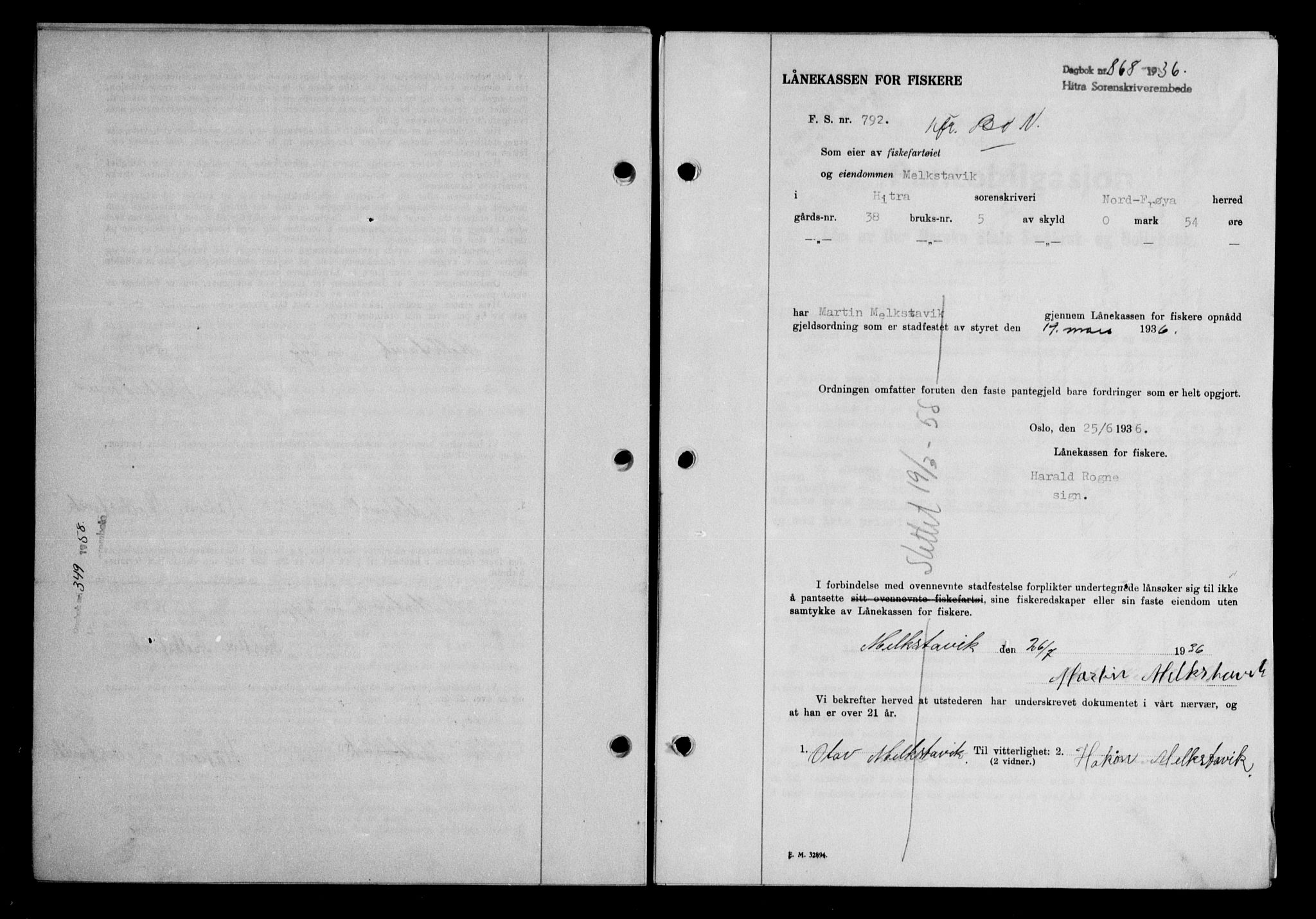Hitra sorenskriveri, AV/SAT-A-0018/2/2C/2Ca/L0028: Mortgage book no. B-1, 1936-1939, Diary no: : 868/1936