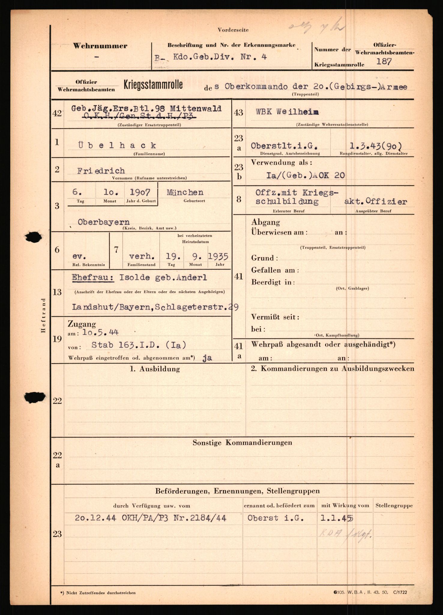 Forsvarets Overkommando. 2 kontor. Arkiv 11.4. Spredte tyske arkivsaker, AV/RA-RAFA-7031/D/Dar/Dara/L0019: Personalbøker og diverse, 1940-1945, p. 660