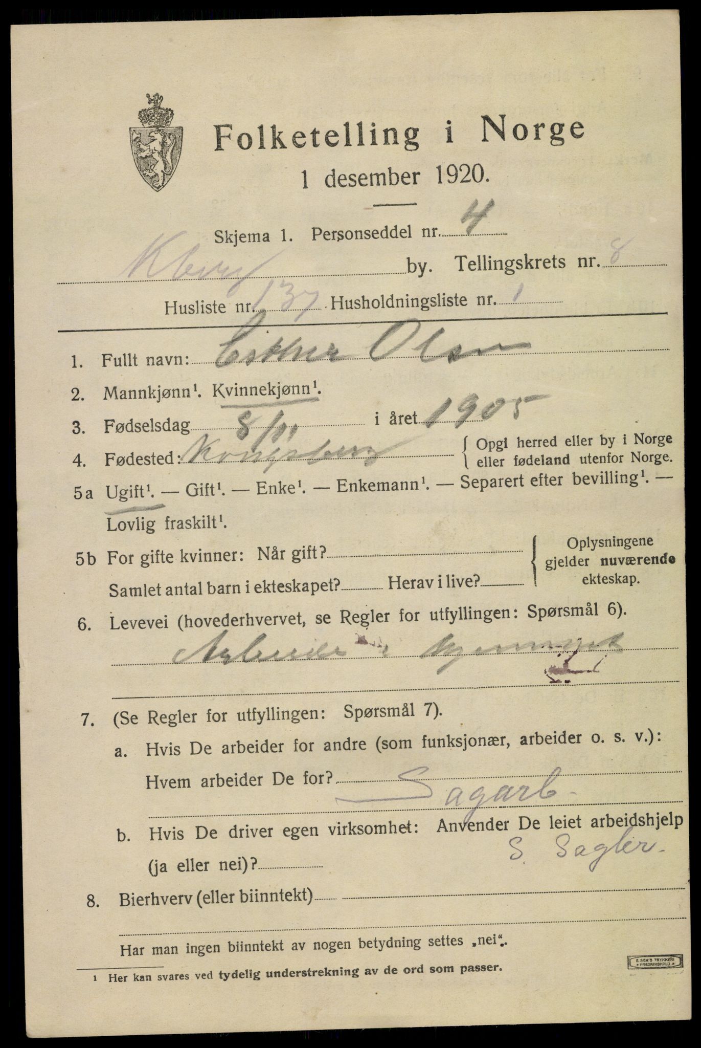 SAKO, 1920 census for Kongsberg, 1920, p. 18390