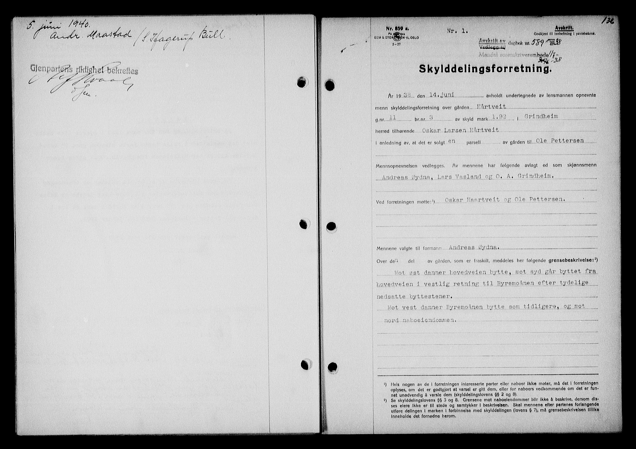 Mandal sorenskriveri, SAK/1221-0005/001/G/Gb/Gba/L0071: Mortgage book no. A-8, 1937-1939, Diary no: : 589/1938