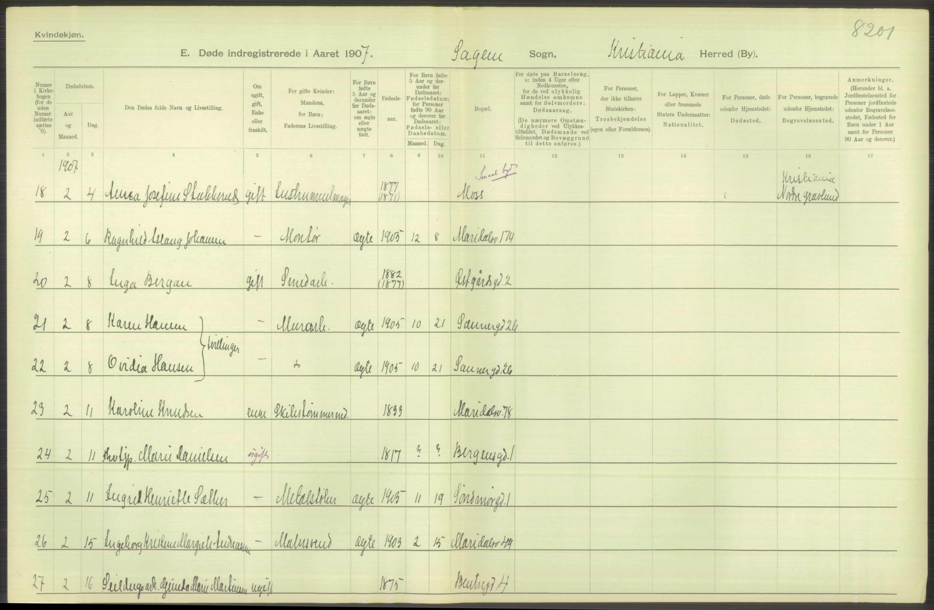 Statistisk sentralbyrå, Sosiodemografiske emner, Befolkning, AV/RA-S-2228/D/Df/Dfa/Dfae/L0009: Kristiania: Døde, 1907, p. 60