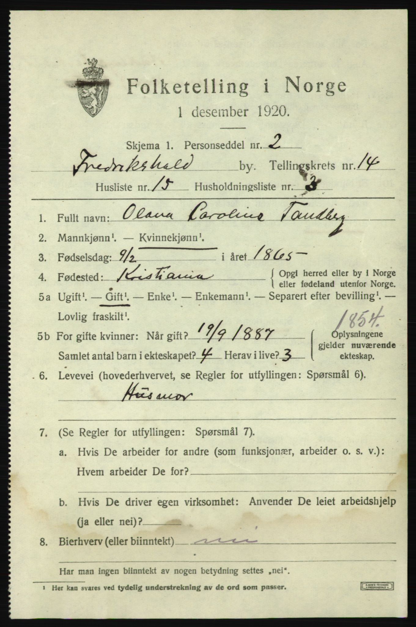 SAO, 1920 census for Fredrikshald, 1920, p. 22613