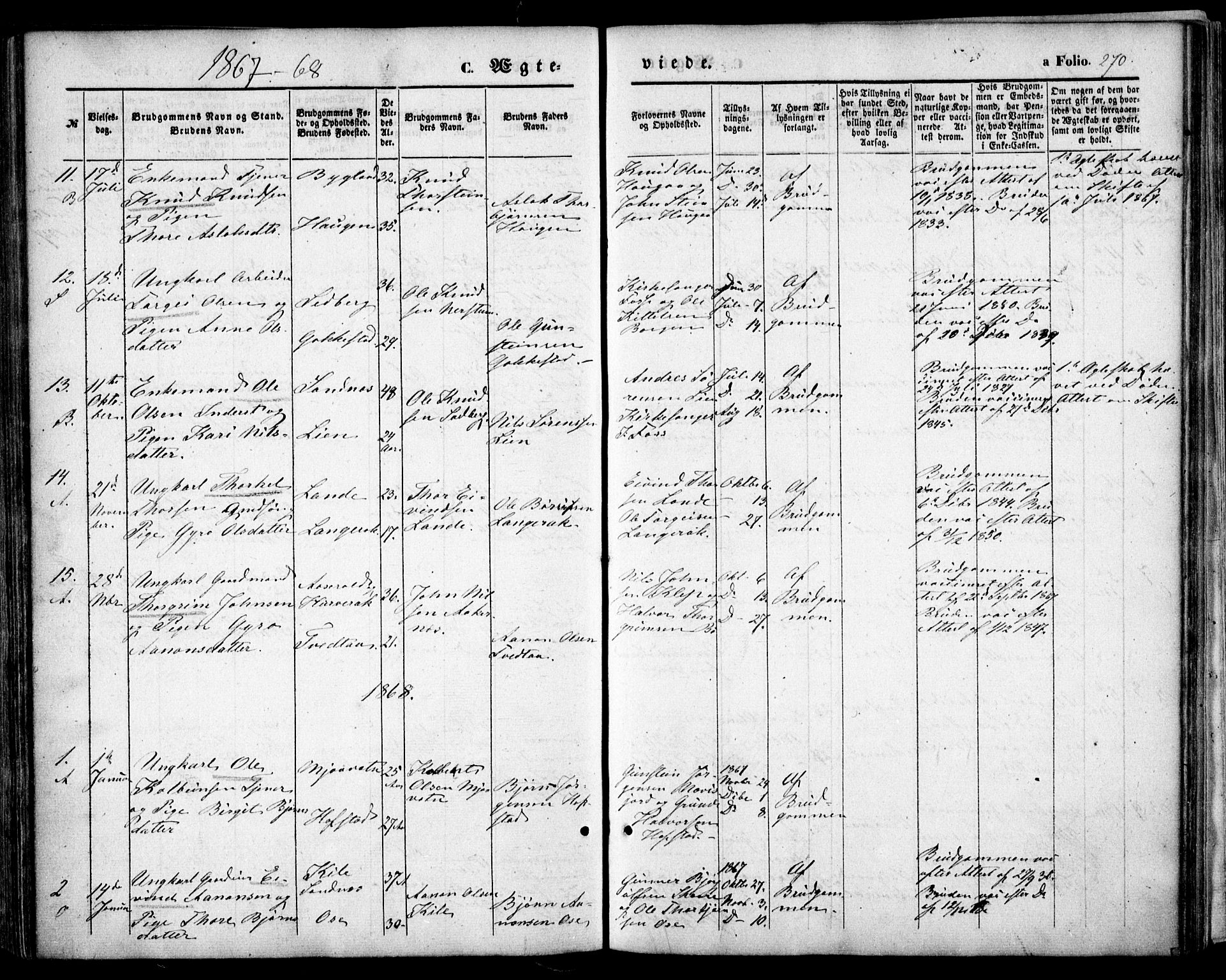 Bygland sokneprestkontor, SAK/1111-0006/F/Fa/Fab/L0005: Parish register (official) no. A 5, 1859-1873, p. 270