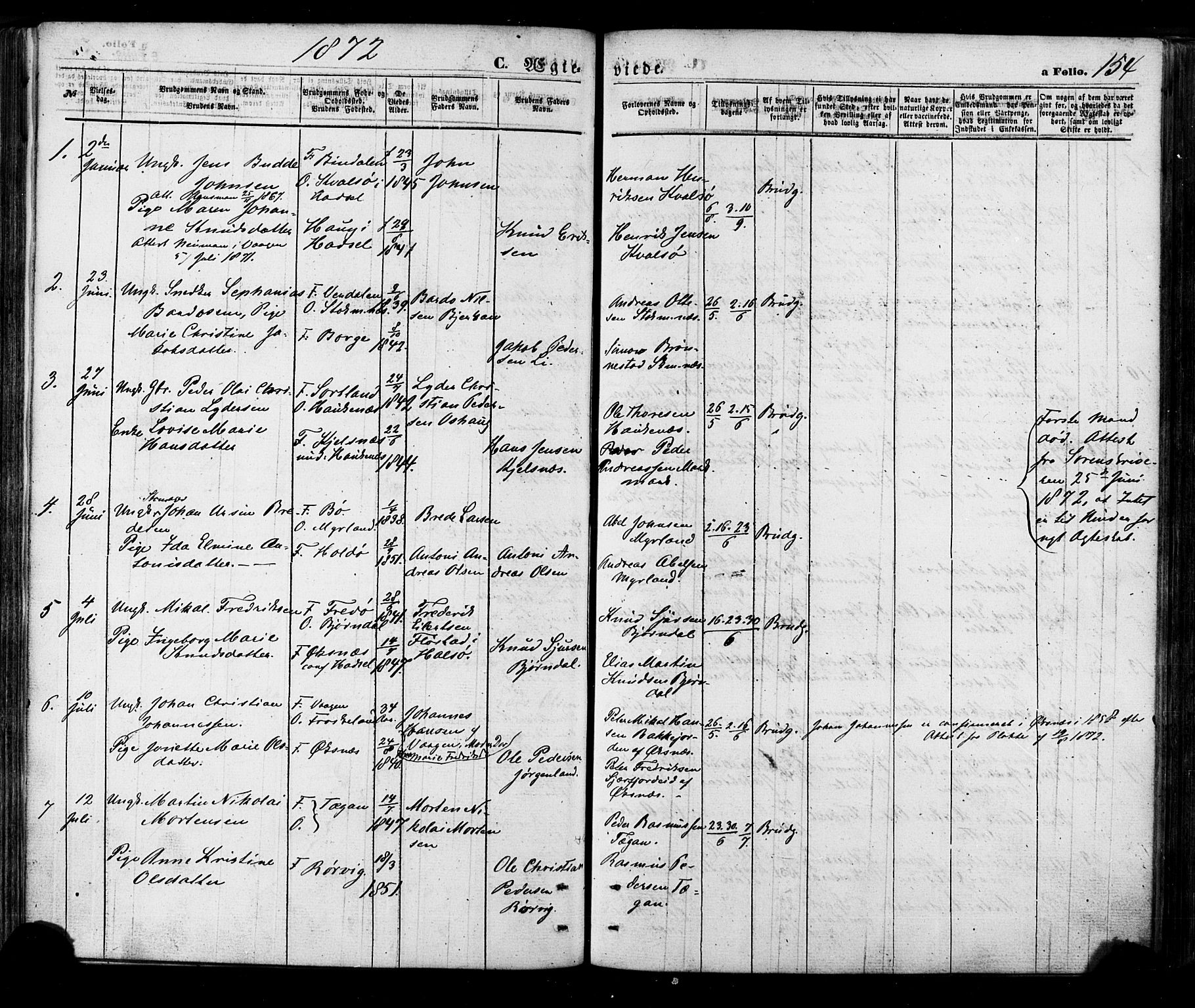 Ministerialprotokoller, klokkerbøker og fødselsregistre - Nordland, AV/SAT-A-1459/888/L1242: Parish register (official) no. 888A08, 1870-1875, p. 154