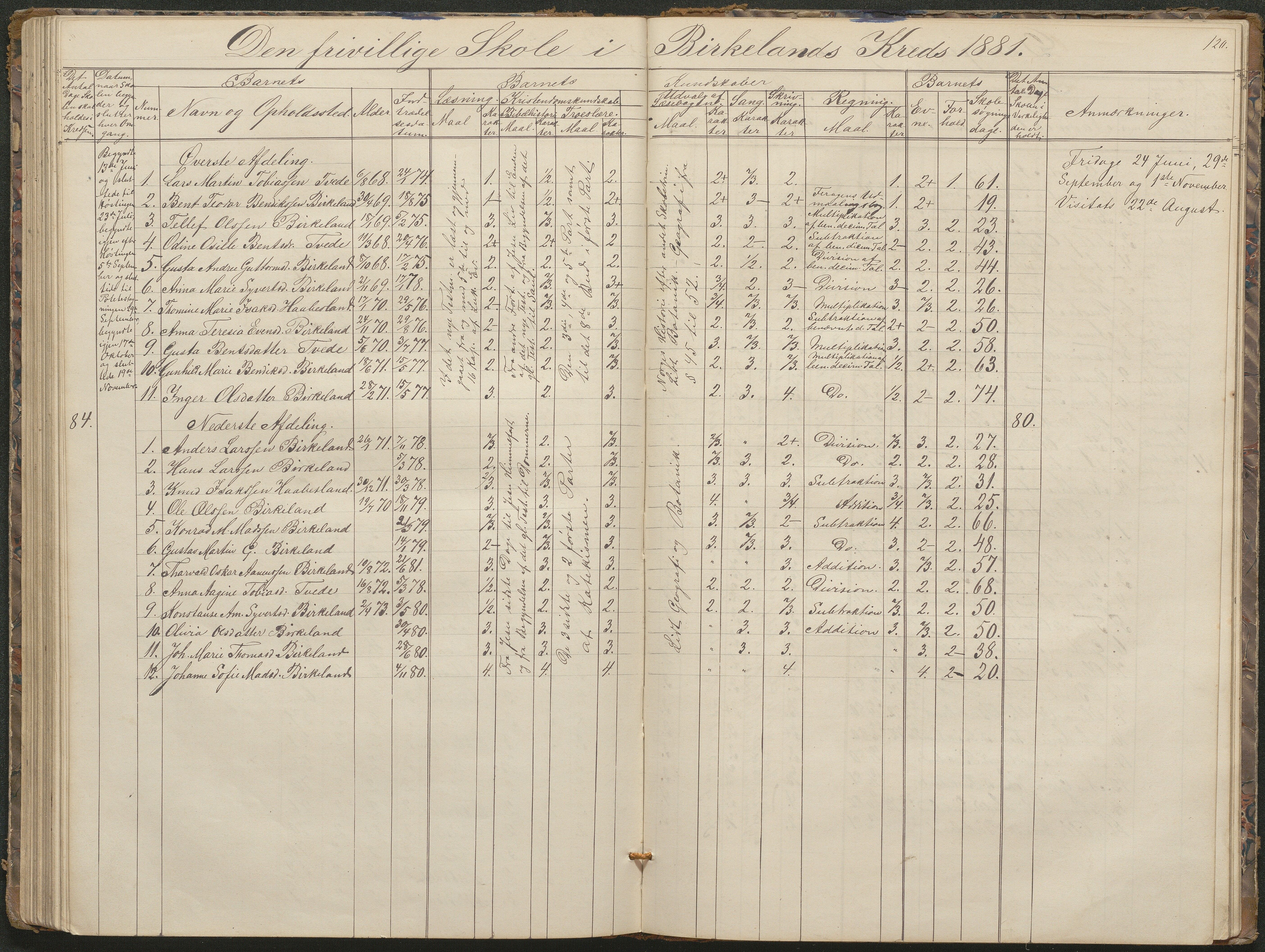 Birkenes kommune, Birkenes krets/Birkeland folkeskole frem til 1991, AAKS/KA0928-550a_91/F02/L0001: Skoleprotokoll, 1862-1896, p. 120