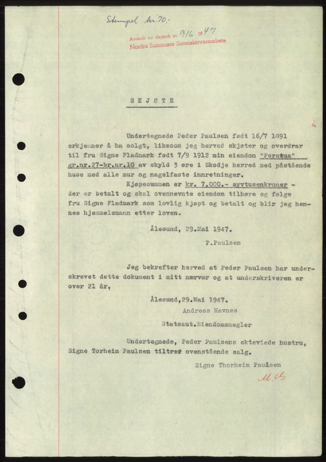 Nordre Sunnmøre sorenskriveri, AV/SAT-A-0006/1/2/2C/2Ca: Mortgage book no. A24, 1947-1947, Diary no: : 916/1947