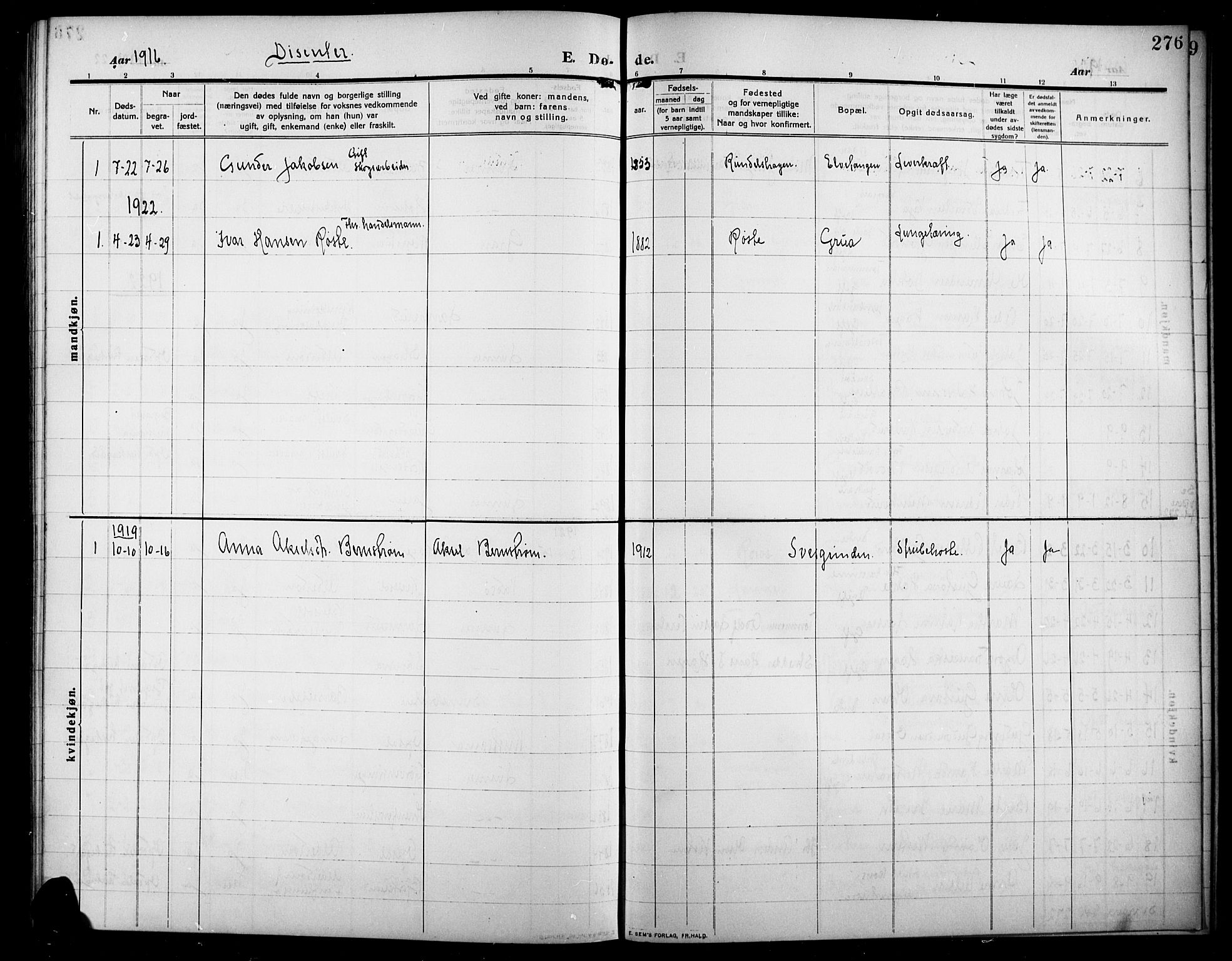 Lunner prestekontor, SAH/PREST-118/H/Ha/Hab/L0001: Parish register (copy) no. 1, 1909-1922, p. 276