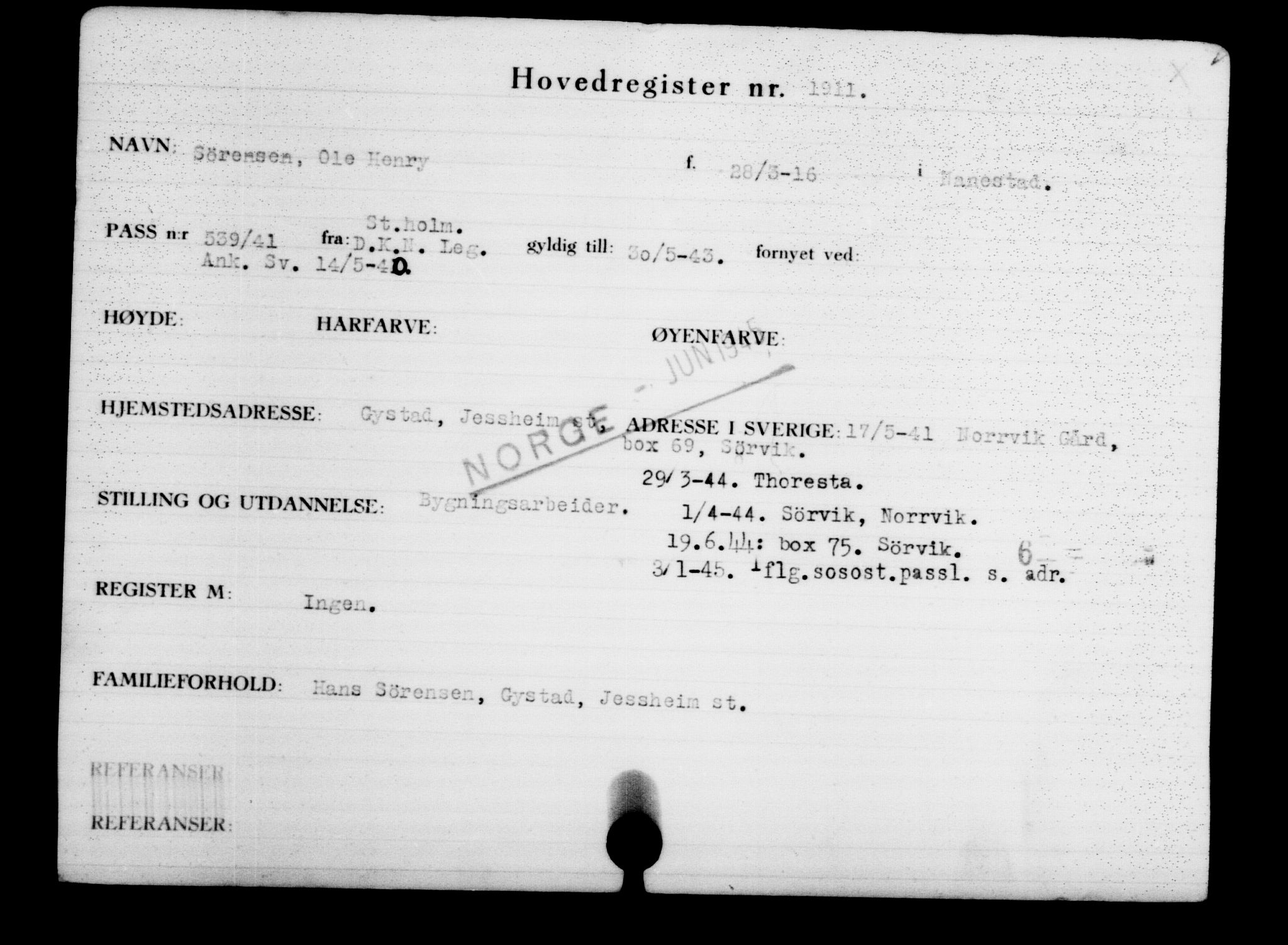 Den Kgl. Norske Legasjons Flyktningskontor, RA/S-6753/V/Va/L0002: Kjesäterkartoteket.  Flyktningenr. 1001-2000, 1940-1945, p. 1299