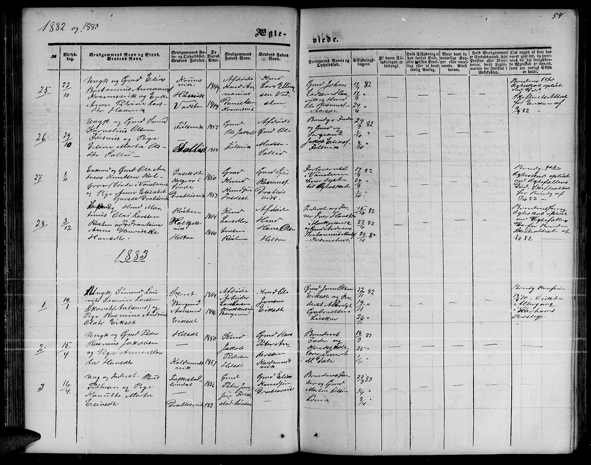 Ministerialprotokoller, klokkerbøker og fødselsregistre - Møre og Romsdal, AV/SAT-A-1454/511/L0157: Parish register (copy) no. 511C03, 1864-1884, p. 54