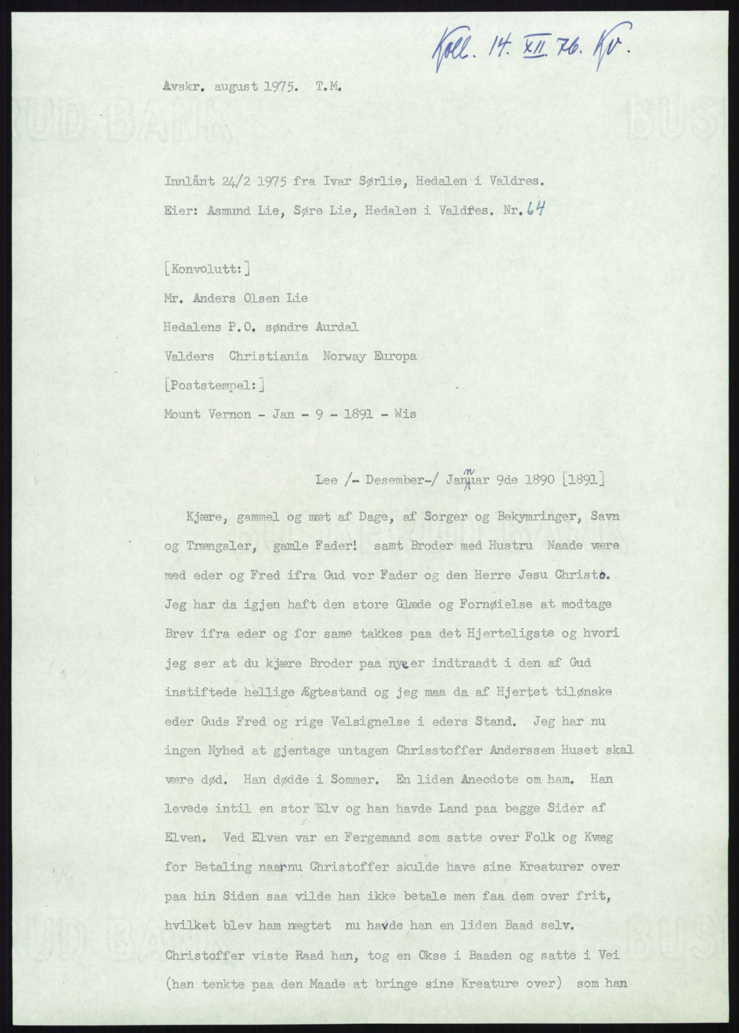 Samlinger til kildeutgivelse, Amerikabrevene, RA/EA-4057/F/L0012: Innlån fra Oppland: Lie (brevnr 1-78), 1838-1914, p. 899