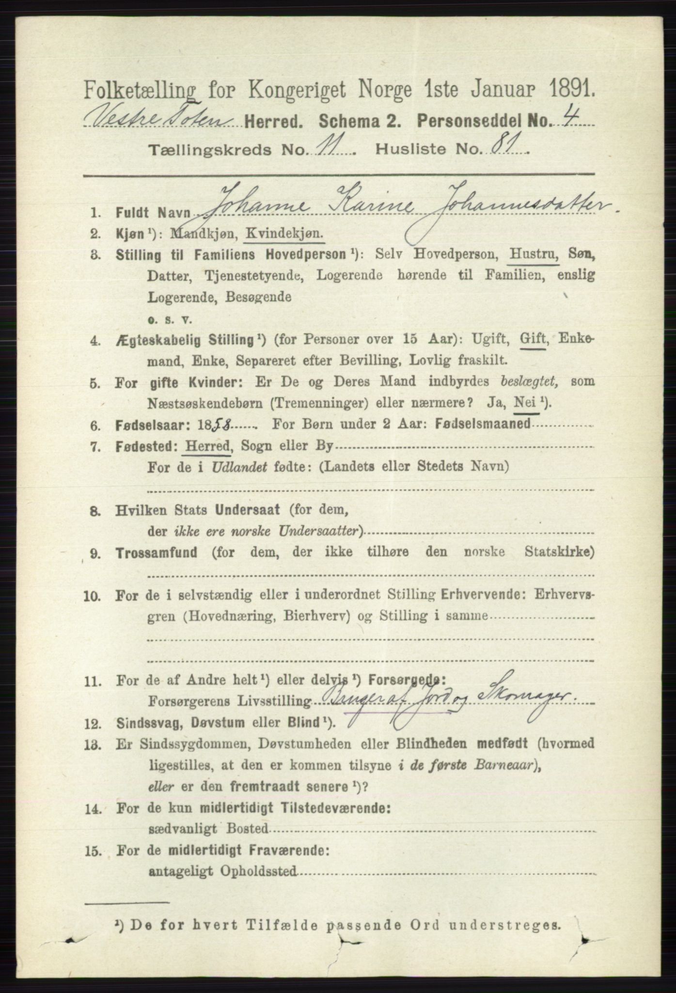 RA, 1891 census for 0529 Vestre Toten, 1891, p. 7195