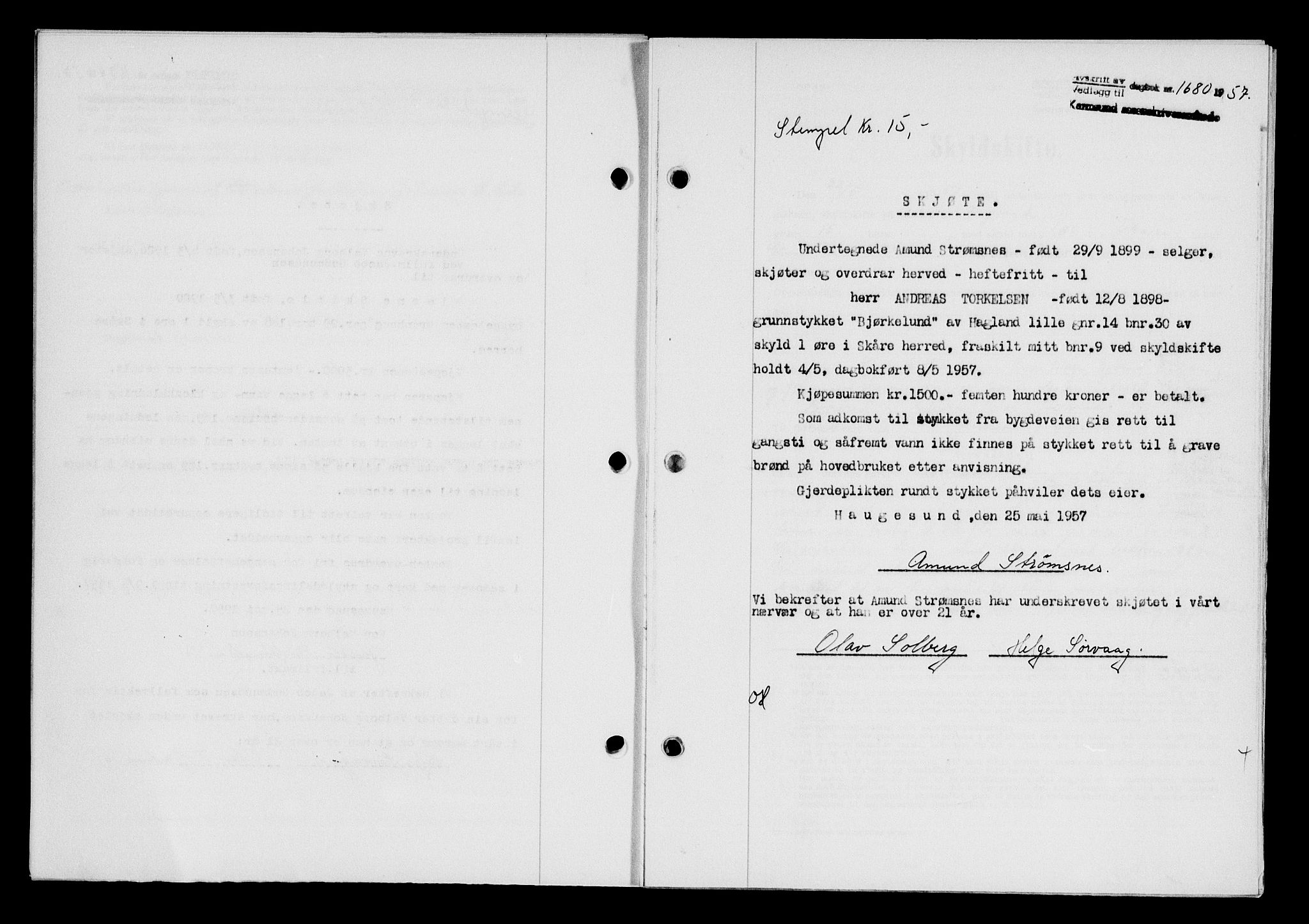 Karmsund sorenskriveri, AV/SAST-A-100311/01/II/IIB/L0125: Mortgage book no. 105A, 1957-1957, Diary no: : 1680/1957