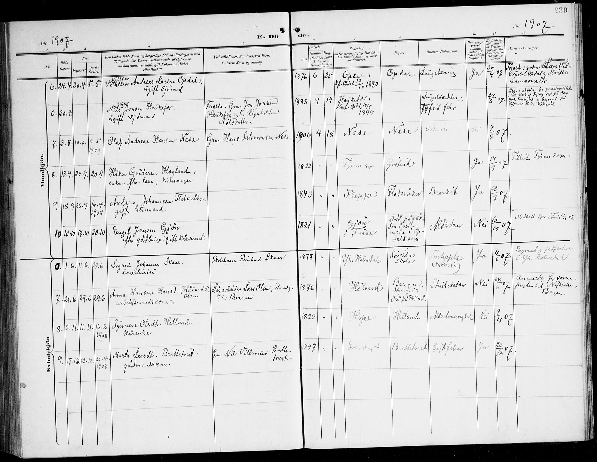 Tysnes sokneprestembete, AV/SAB-A-78601/H/Haa: Parish register (official) no. D 2, 1905-1922, p. 239