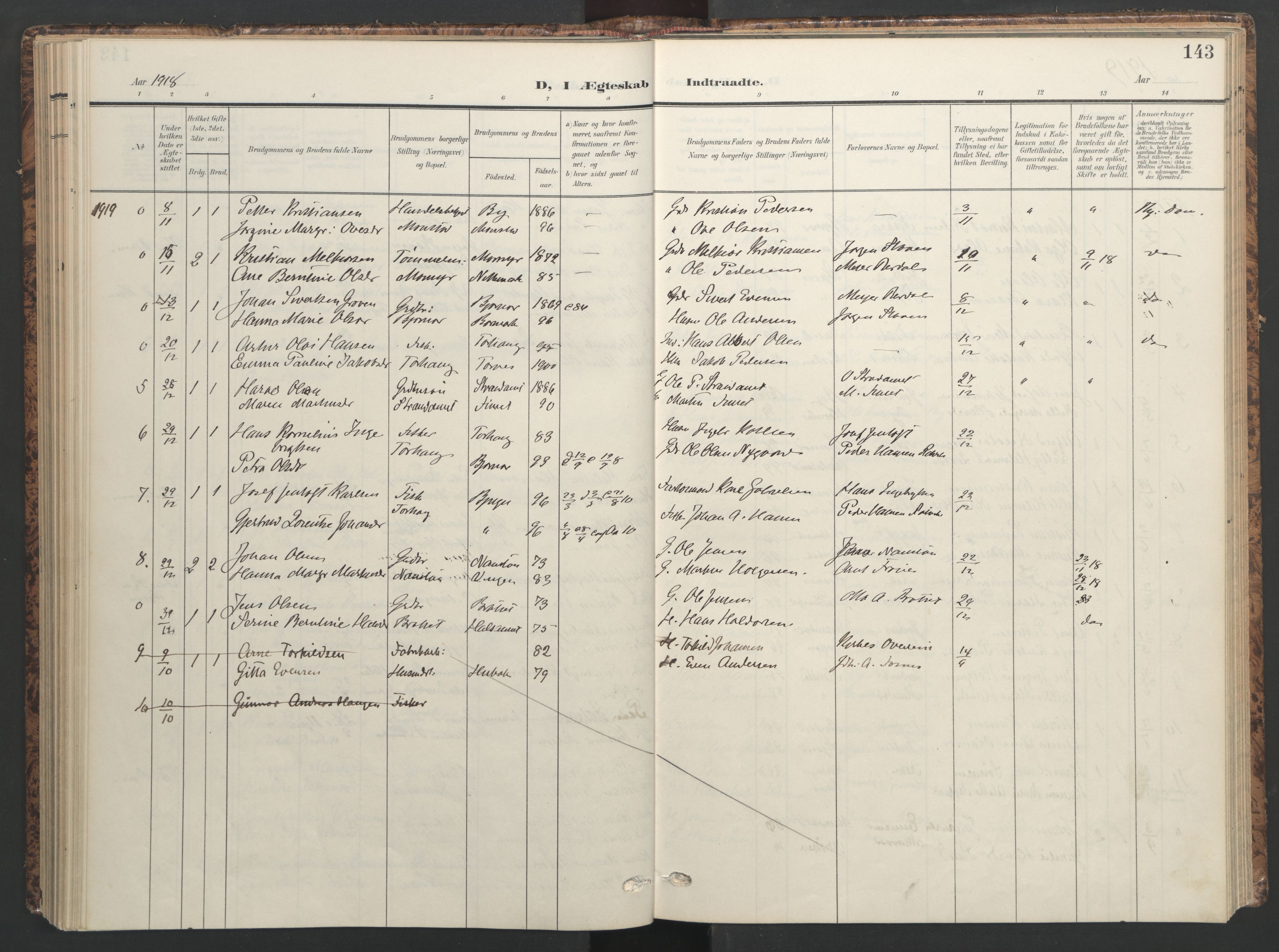 Ministerialprotokoller, klokkerbøker og fødselsregistre - Sør-Trøndelag, AV/SAT-A-1456/655/L0682: Parish register (official) no. 655A11, 1908-1922, p. 143