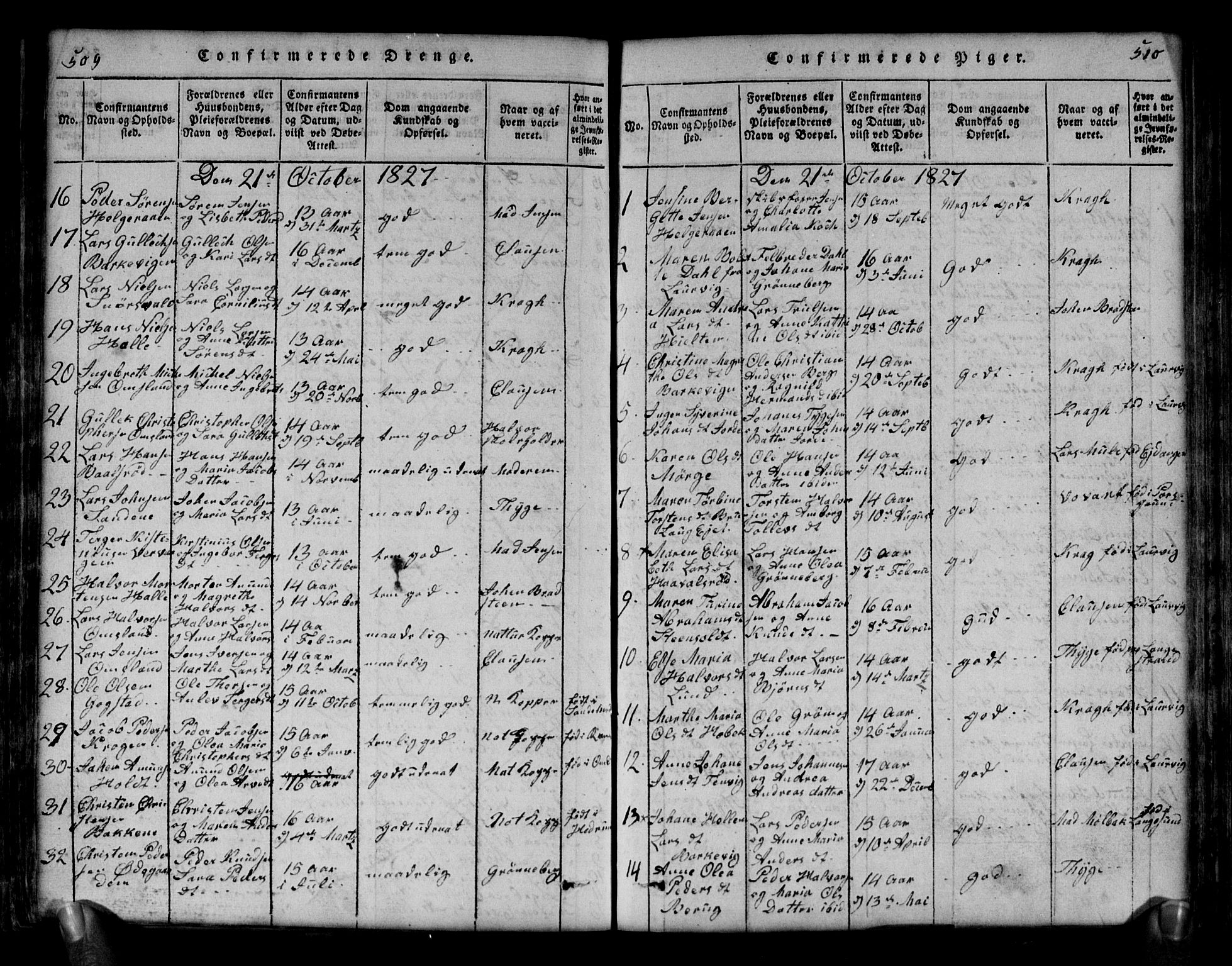 Brunlanes kirkebøker, SAKO/A-342/G/Ga/L0001: Parish register (copy) no. I 1, 1814-1834, p. 509-510