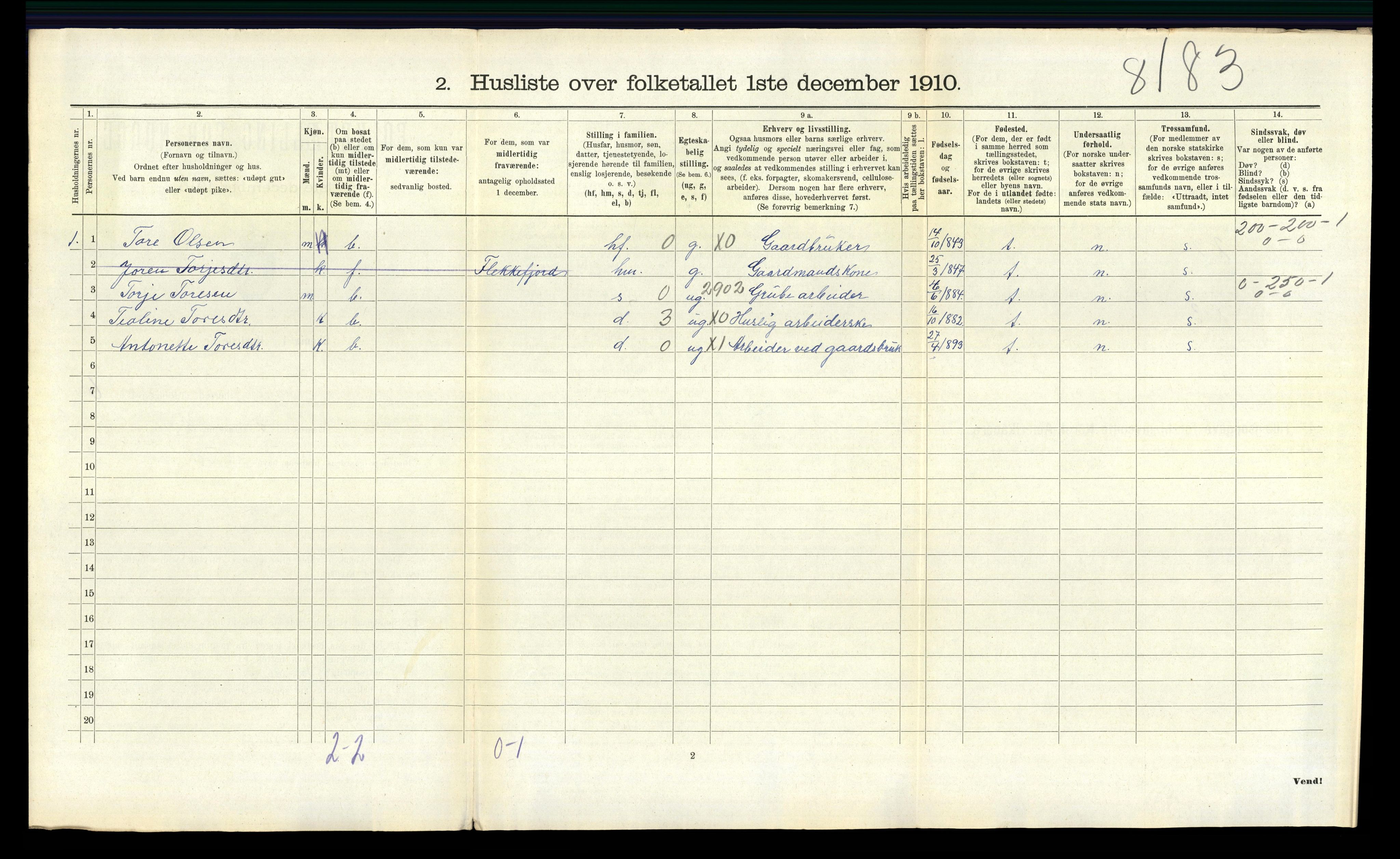 RA, 1910 census for Fjotland, 1910, p. 245