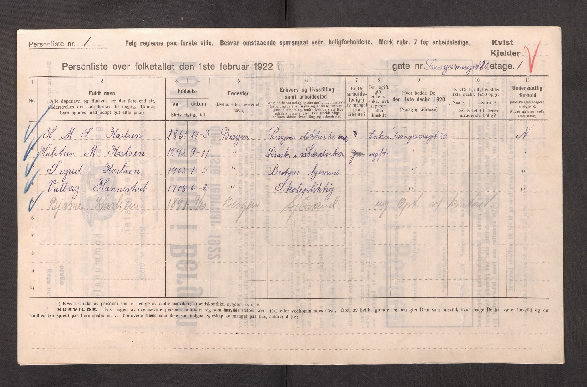 SAB, Municipal Census 1922 for Bergen, 1922, p. 44950