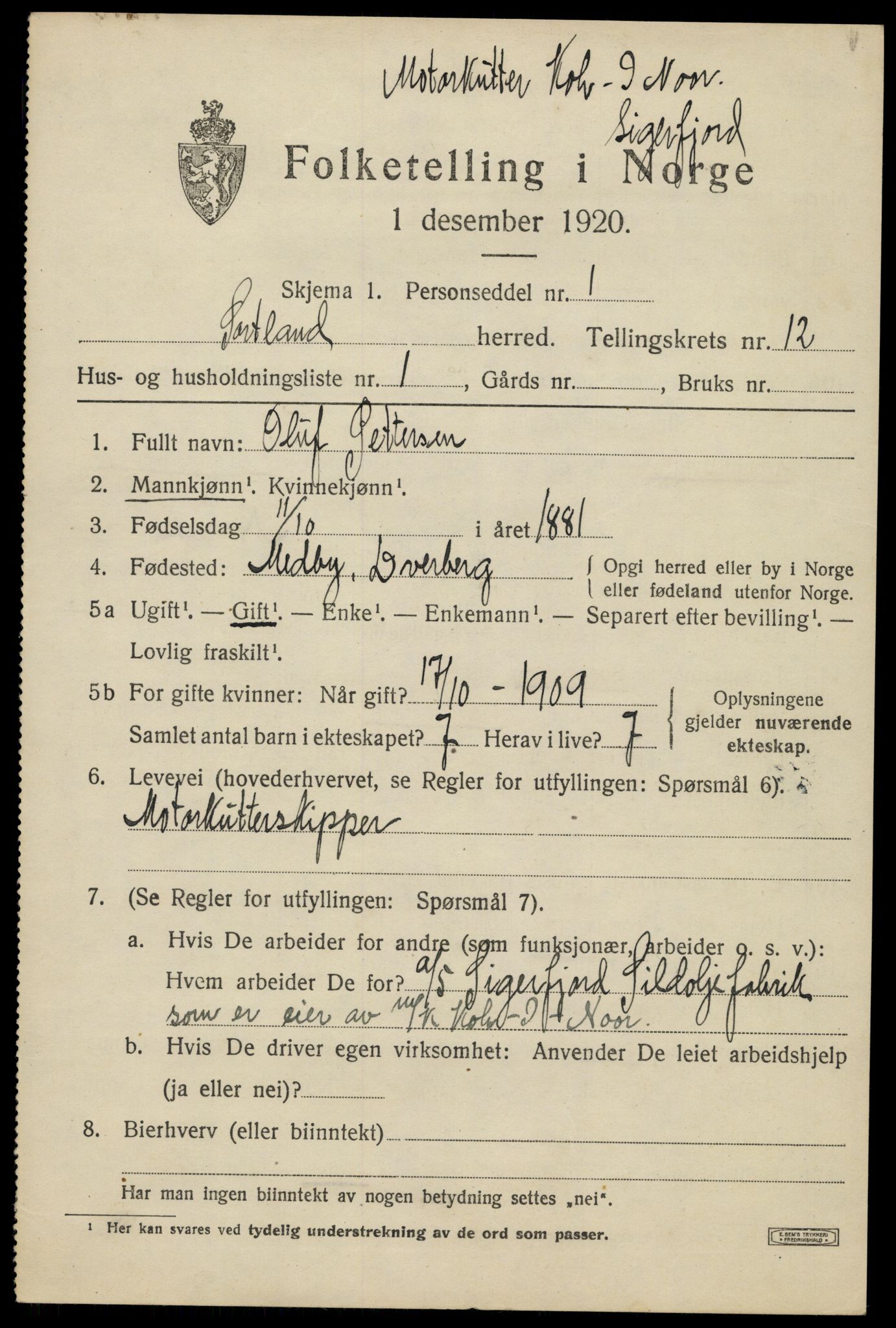 SAT, 1920 census for Sortland, 1920, p. 8954