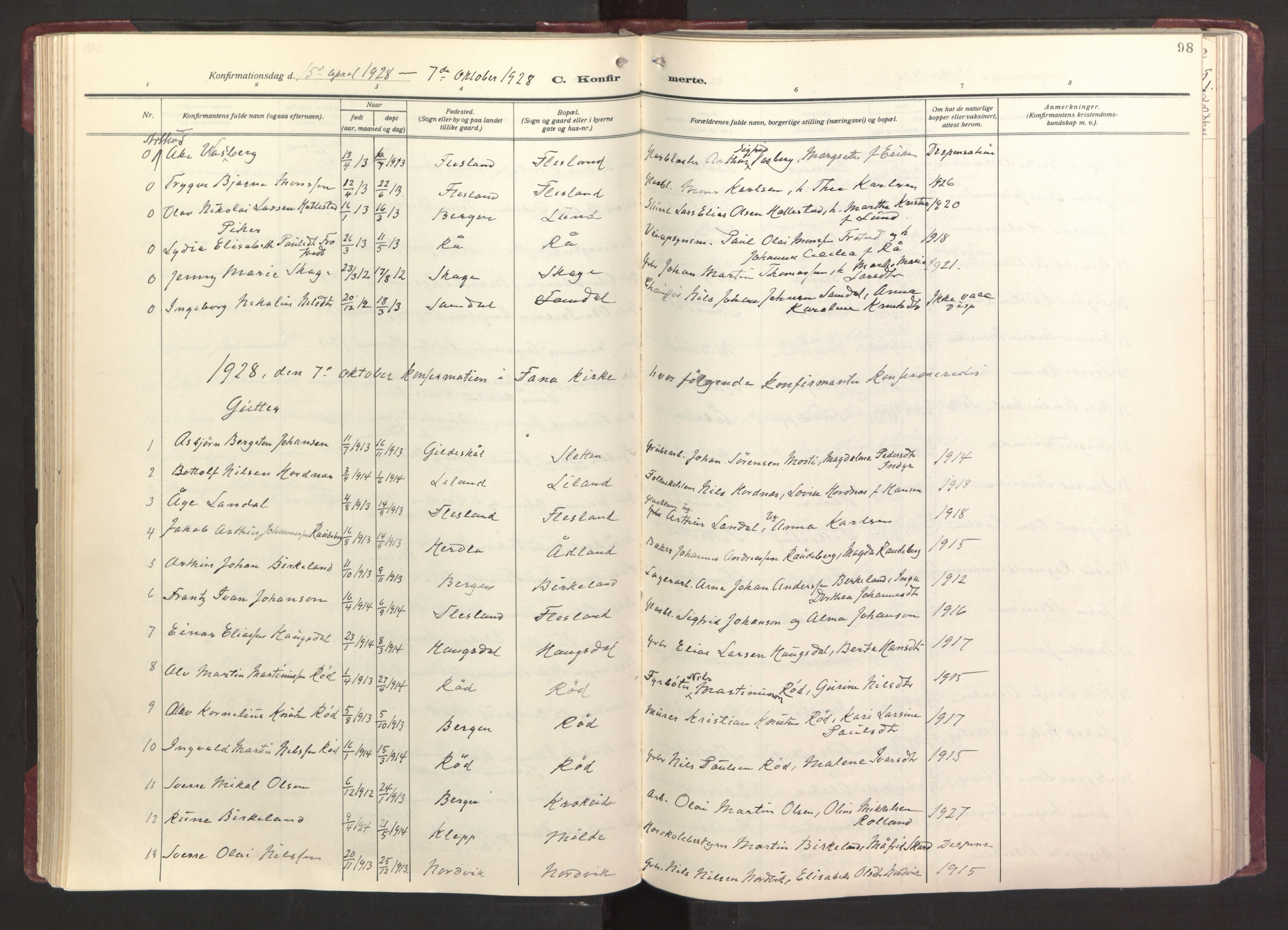 Fana Sokneprestembete, AV/SAB-A-75101/H/Haa/Haab/L0006: Parish register (official) no. B 6, 1923-1967, p. 98