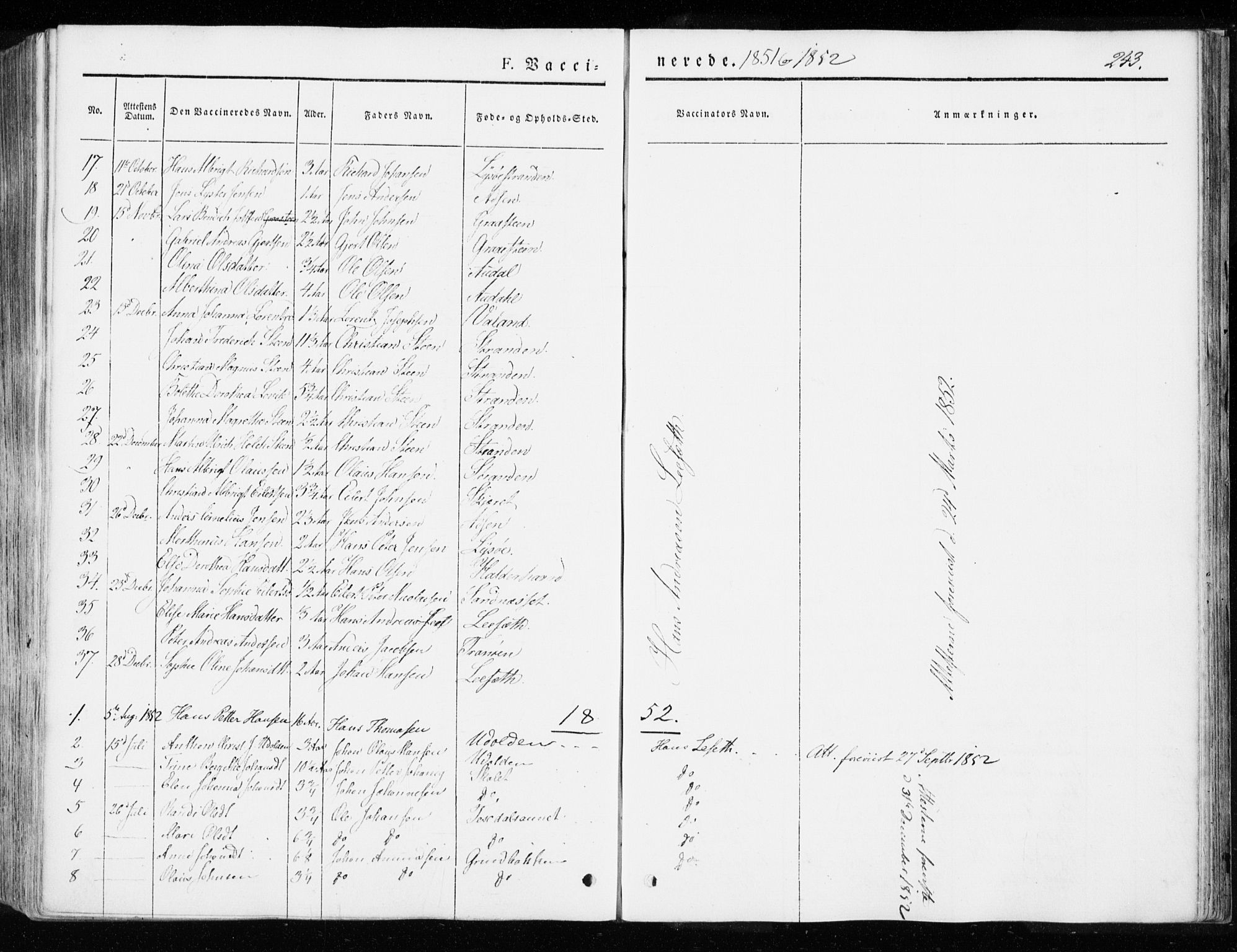 Ministerialprotokoller, klokkerbøker og fødselsregistre - Sør-Trøndelag, SAT/A-1456/655/L0677: Parish register (official) no. 655A06, 1847-1860, p. 243