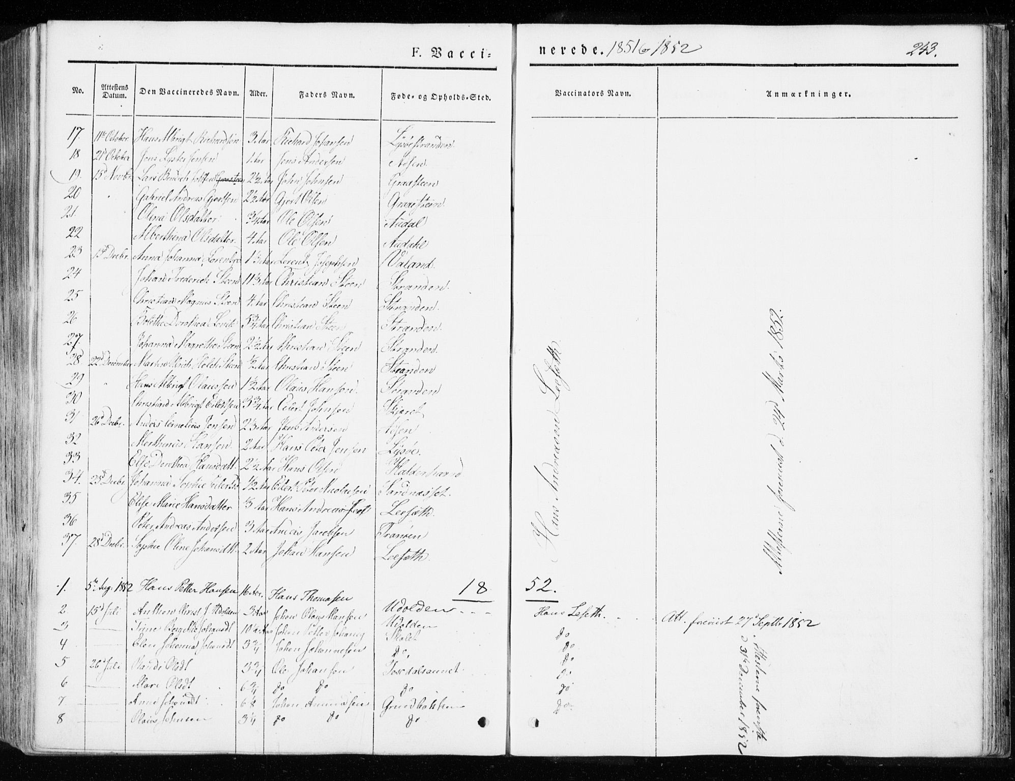 Ministerialprotokoller, klokkerbøker og fødselsregistre - Sør-Trøndelag, AV/SAT-A-1456/655/L0677: Parish register (official) no. 655A06, 1847-1860, p. 243