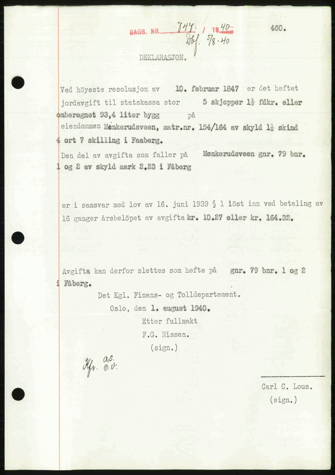 Sør-Gudbrandsdal tingrett, SAH/TING-004/H/Hb/Hbf/L0002: Mortgage book no. C1, 1938-1951, Diary no: : 744/1940