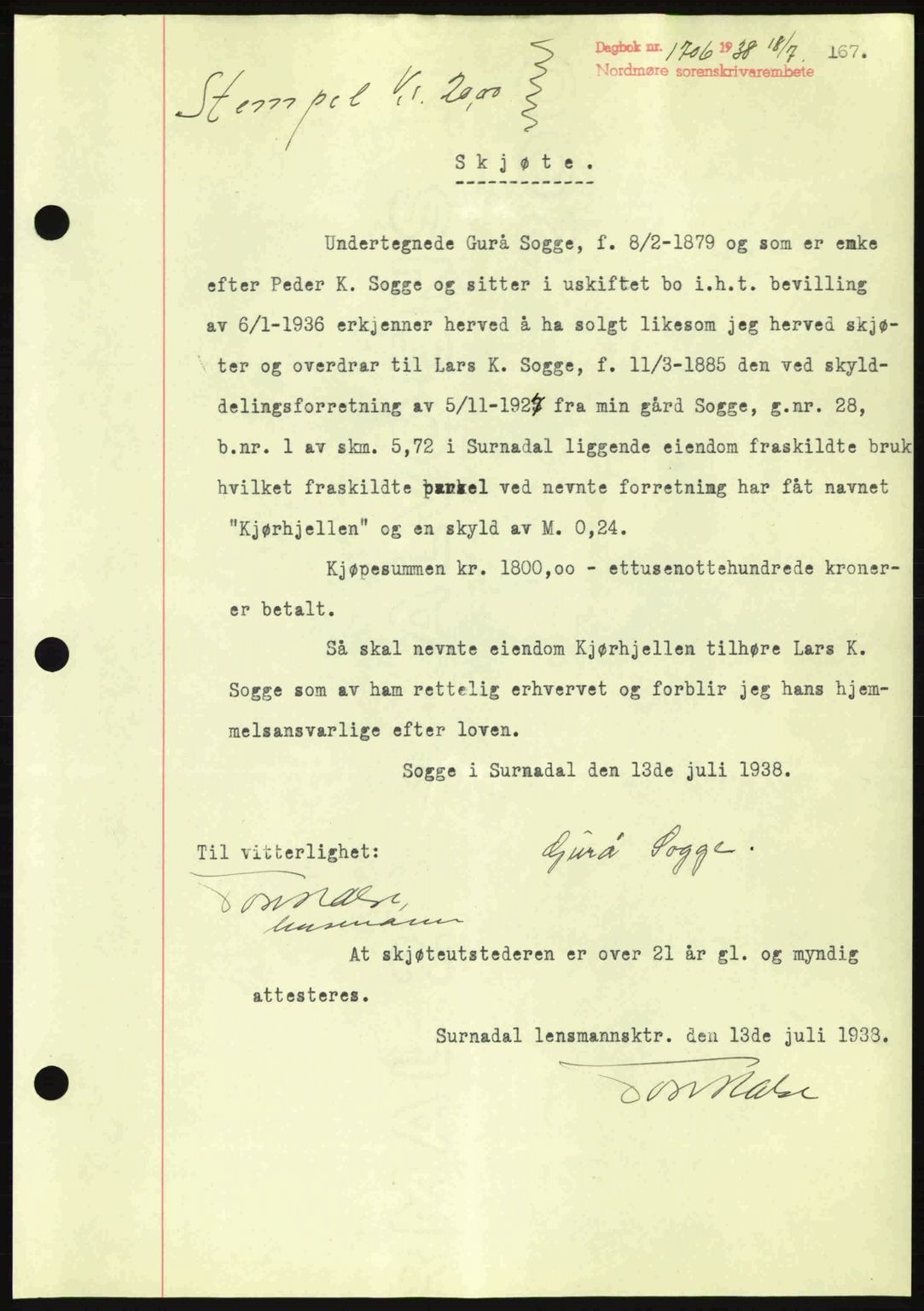 Nordmøre sorenskriveri, SAT/A-4132/1/2/2Ca: Mortgage book no. A84, 1938-1938, Diary no: : 1706/1938