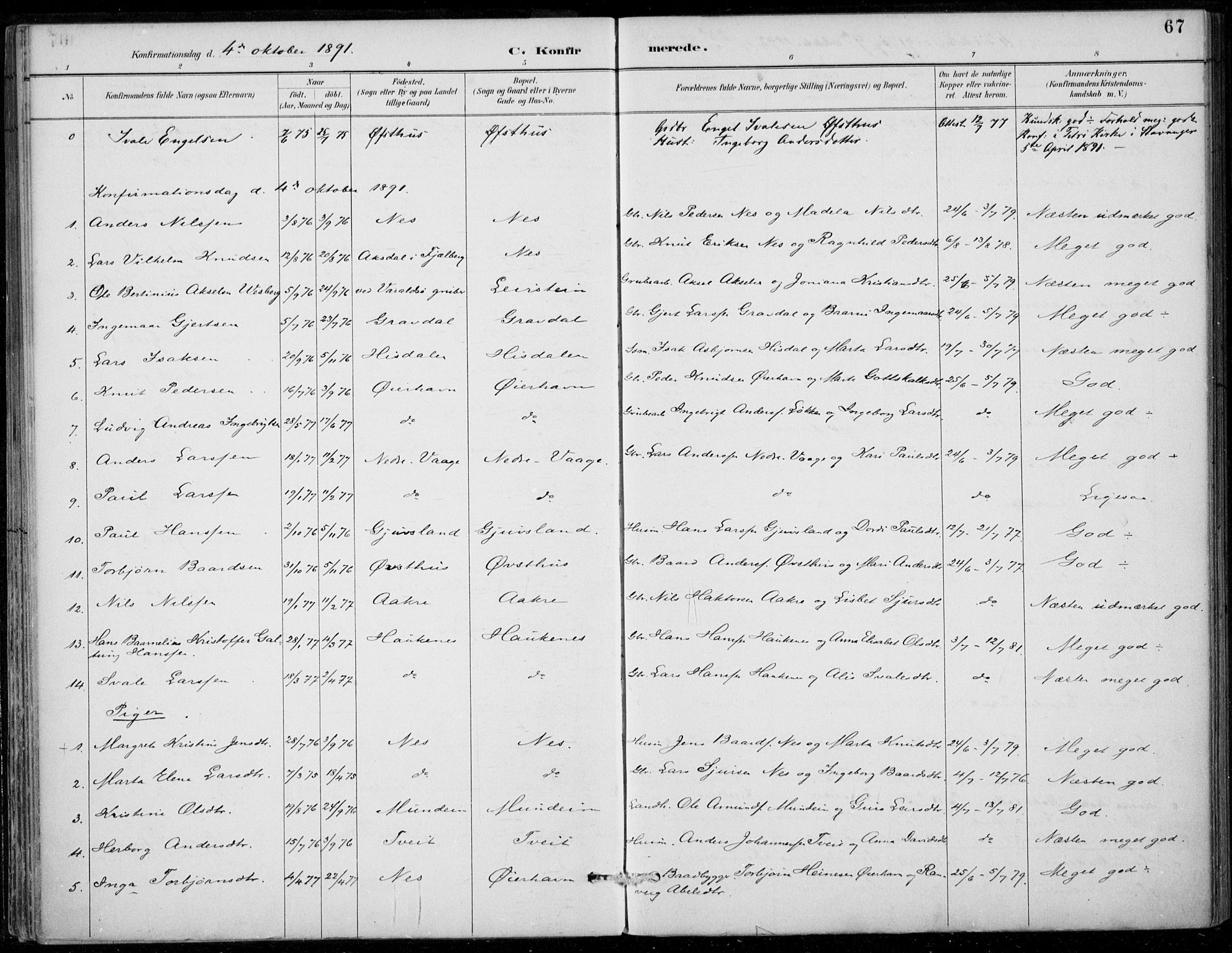 Strandebarm sokneprestembete, SAB/A-78401/H/Haa: Parish register (official) no. D  1, 1886-1912, p. 67
