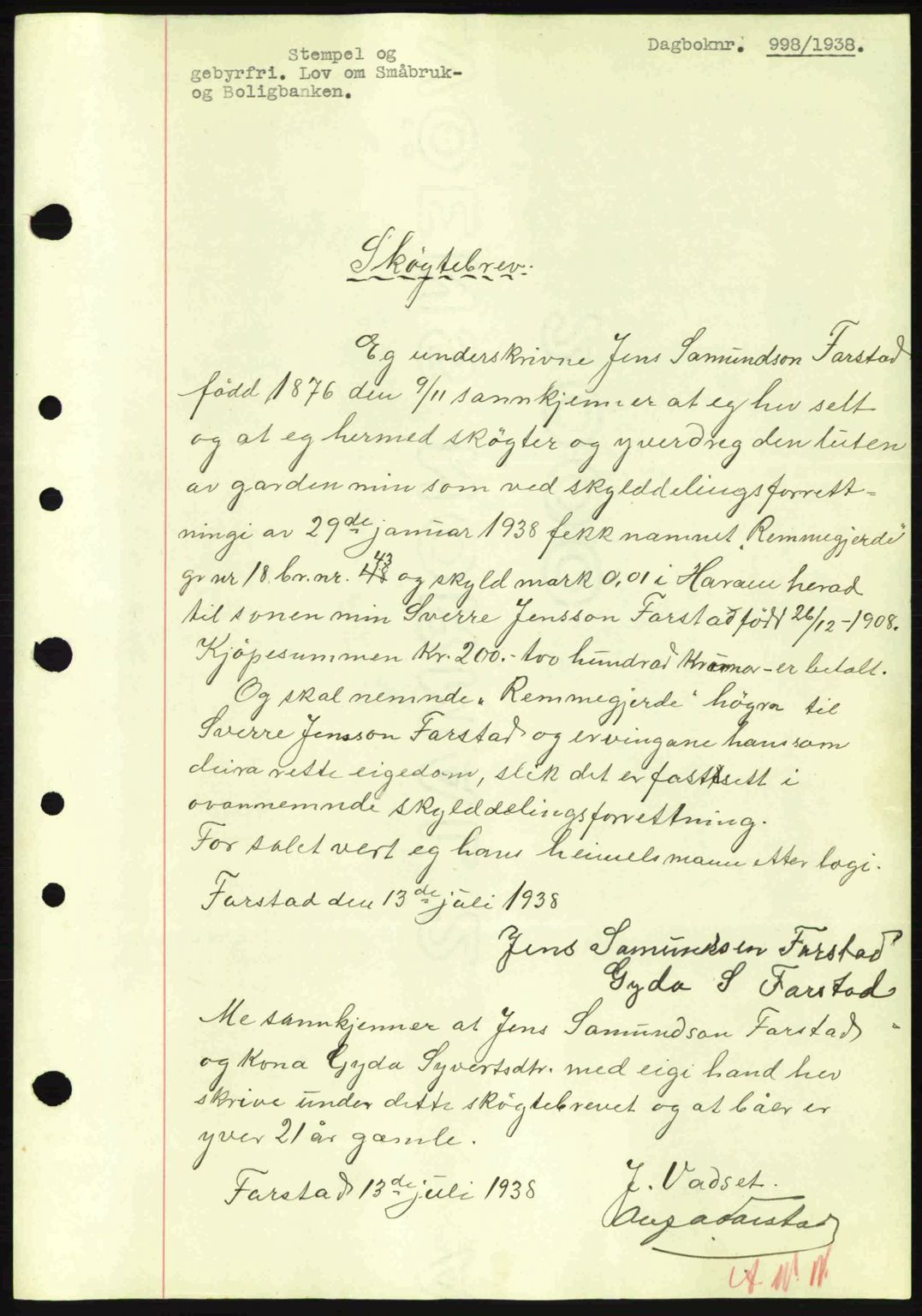 Nordre Sunnmøre sorenskriveri, AV/SAT-A-0006/1/2/2C/2Ca: Mortgage book no. A4, 1937-1938, Diary no: : 998/1938